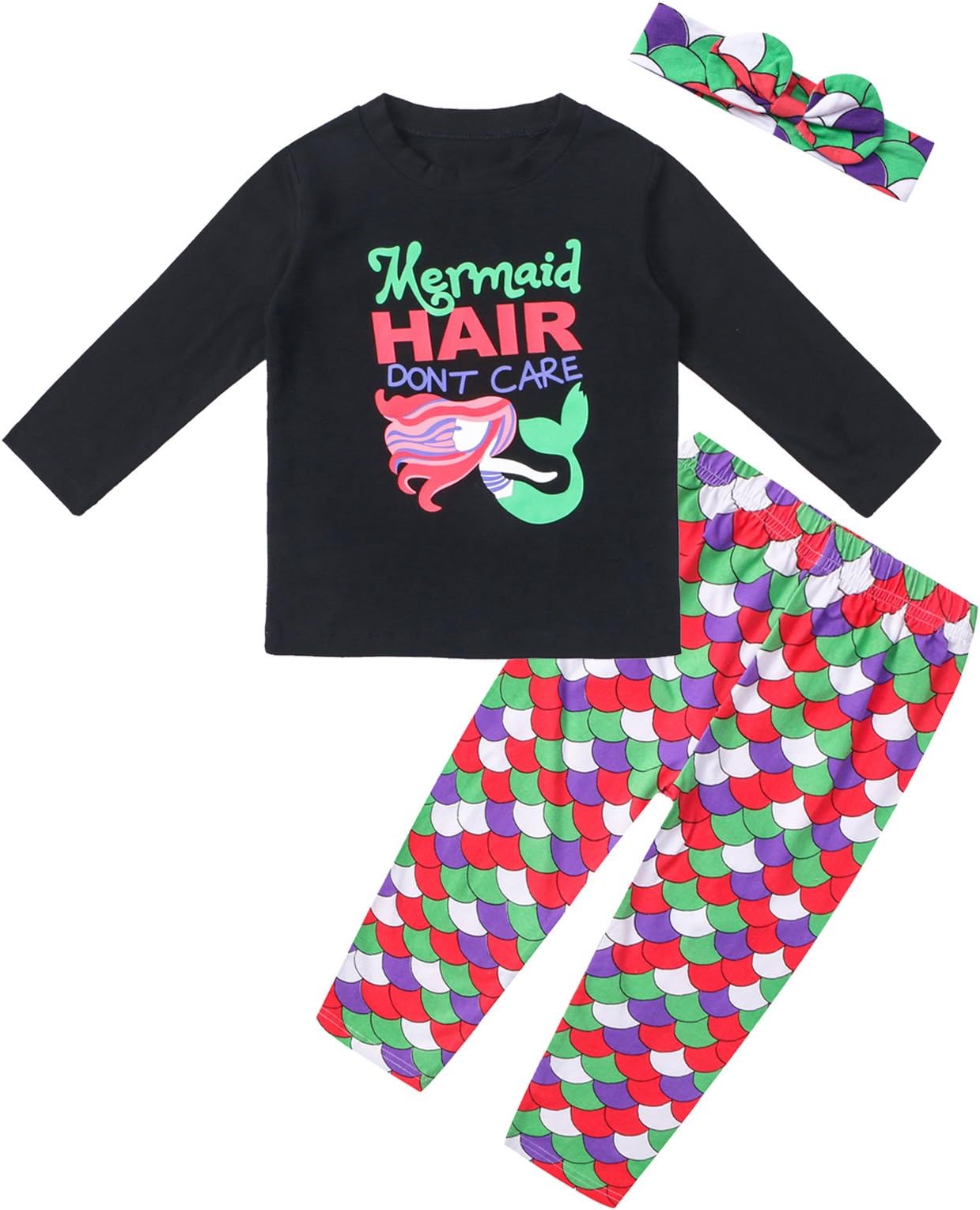 DiDaDo Mermaid Hair Don't Care 3PC Toddler Baby Girls Cute Mermaid Print T-Shirt + Pants With Headband Outfit Clothing Sets (2-3 Years, Long Sleeve Set)