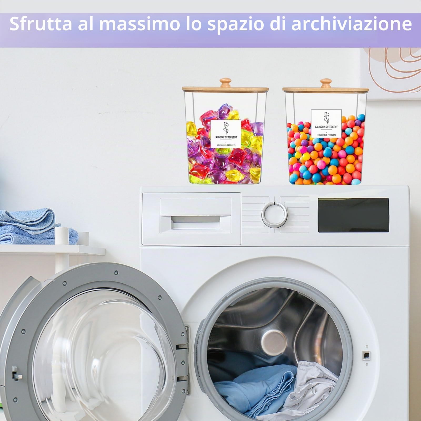 3 Pezzi Dispenser Detersivo Lavatrice, Contenitore Detersivo Polvere, con Coperchi Ermetici, Dosatore Detersivo Lavatrice per Bucato, 16 Etichette ＆ 2 Misurini, Barattolo per Bucato in Plastica