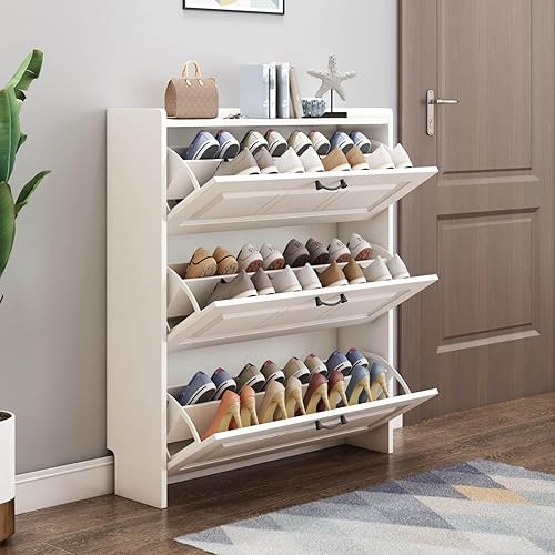 PHDGJK Armario de almacenamiento de zapatos delgado blanco con 3 puertas abatibles, zapatero de entrada, organizador de zapatos para zapatillas,