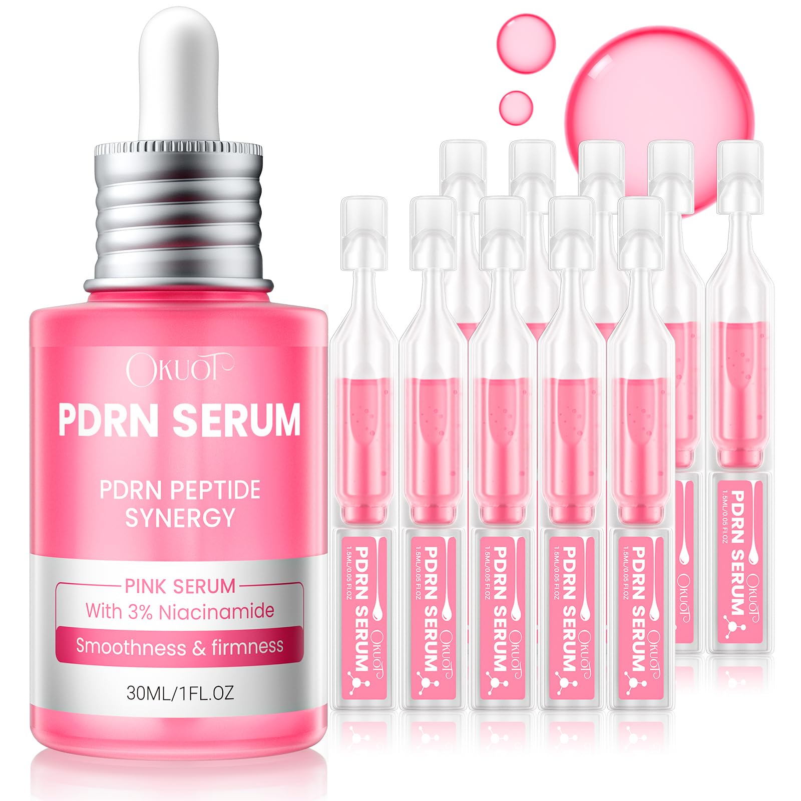 PDRN Pink Serum, 10000ppm Salmon DNA, Niacinamide & Peptides, 1.52 fl oz | Korean Skincare, 10000ppm PDRN, 3% Niacinamide, Multi-Peptide, Hydrating, All Skin Types | 1fl oz+10pcs (0.05fl oz each)