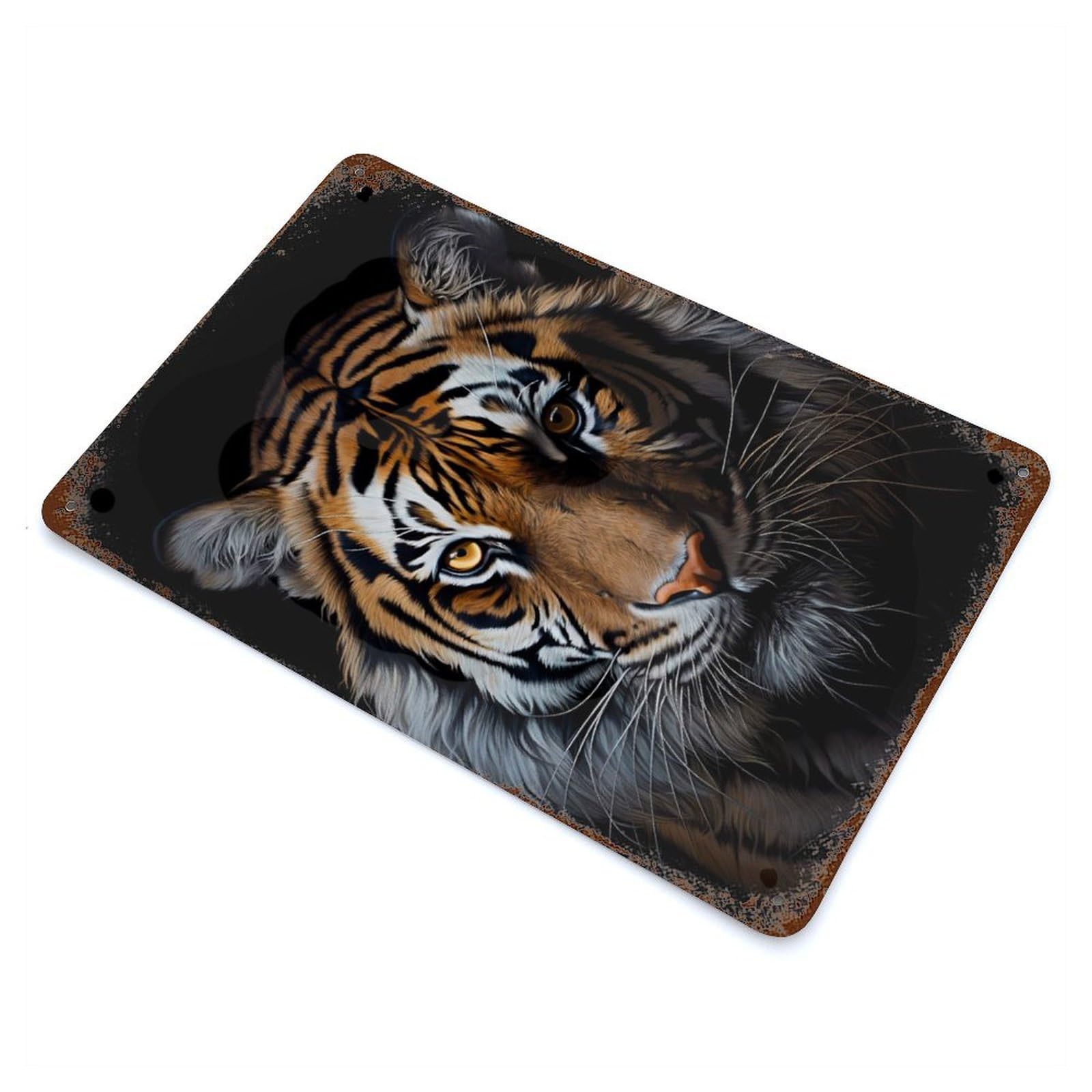 Tiger Face Rustic Tin Plaque 11.8"x7.9", Ideal for Shed, Workshop And Garage Wall Decor