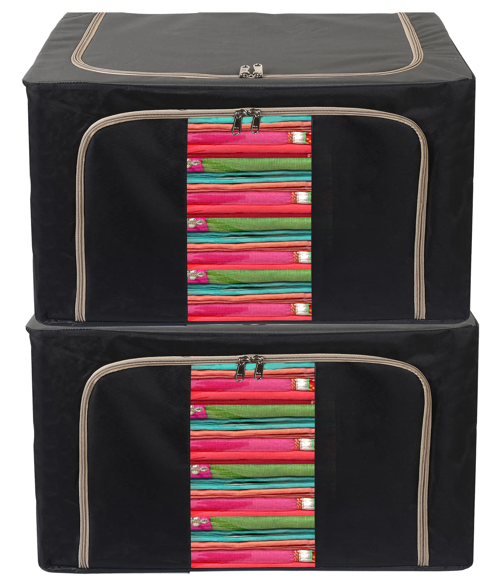 Kuber Industries Steel Frame Living Box, Closet Organizer, Cloth Storage Boxes for Wardrobe With Clear Window, 66Ltr.- Pack of 2 (Black & Grey)-44KM0316 (B09JWL8SJW) Amazon Price History, Amazon Price Tracker
