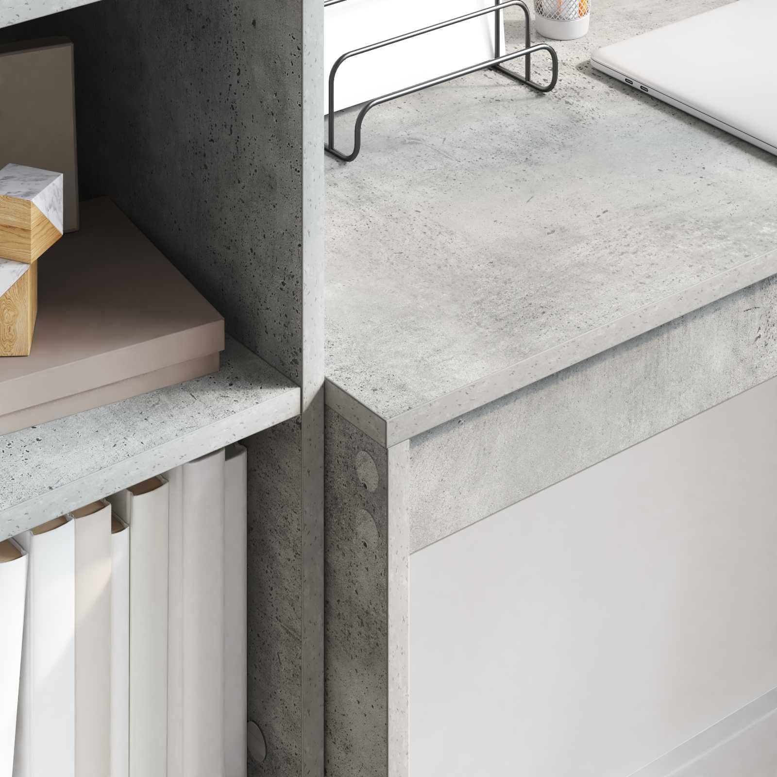Schreibtisch mit Schubladen und Regal Beton Grau Holzwerkstoff 145,5 x 40 x 127 cm Büro Homeoffice Arbeitszimmer Stauraum Ablage ergonomisch für PC Laptop und Gaming