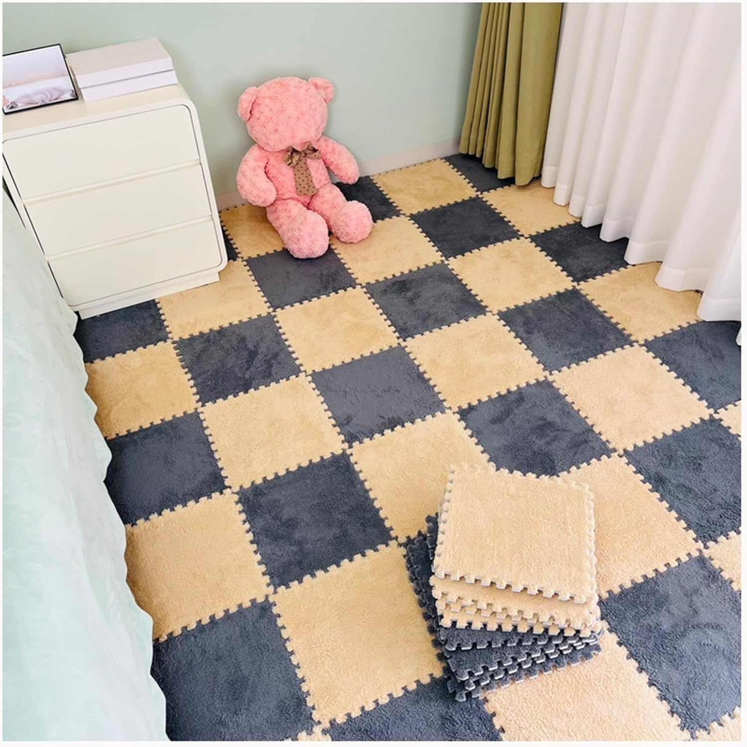 10pcs Carpet Puzzle Play Mats for Floor Fluffy Plush Foam Floor Mat with Border, 24x24 in Large Size Interlocking Carpet Tiles, Thick 0.4"(Gray+Apricot)