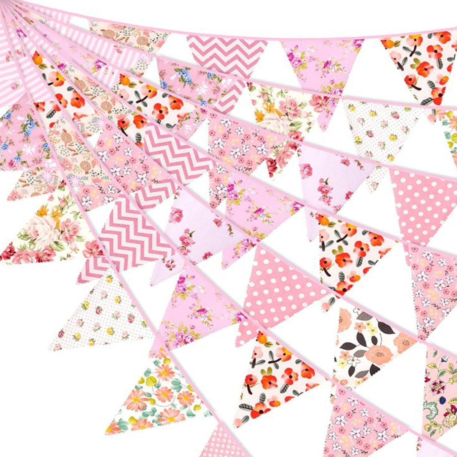 MAIKAOZAI 12M Pink Bunting Banner - Fabric Garden Party Decorations, Flower Birthday Bunting Garland with Double-Sided Cotton Flags, Outdoor Wedding for Garden Fence, Patio, Ceiling