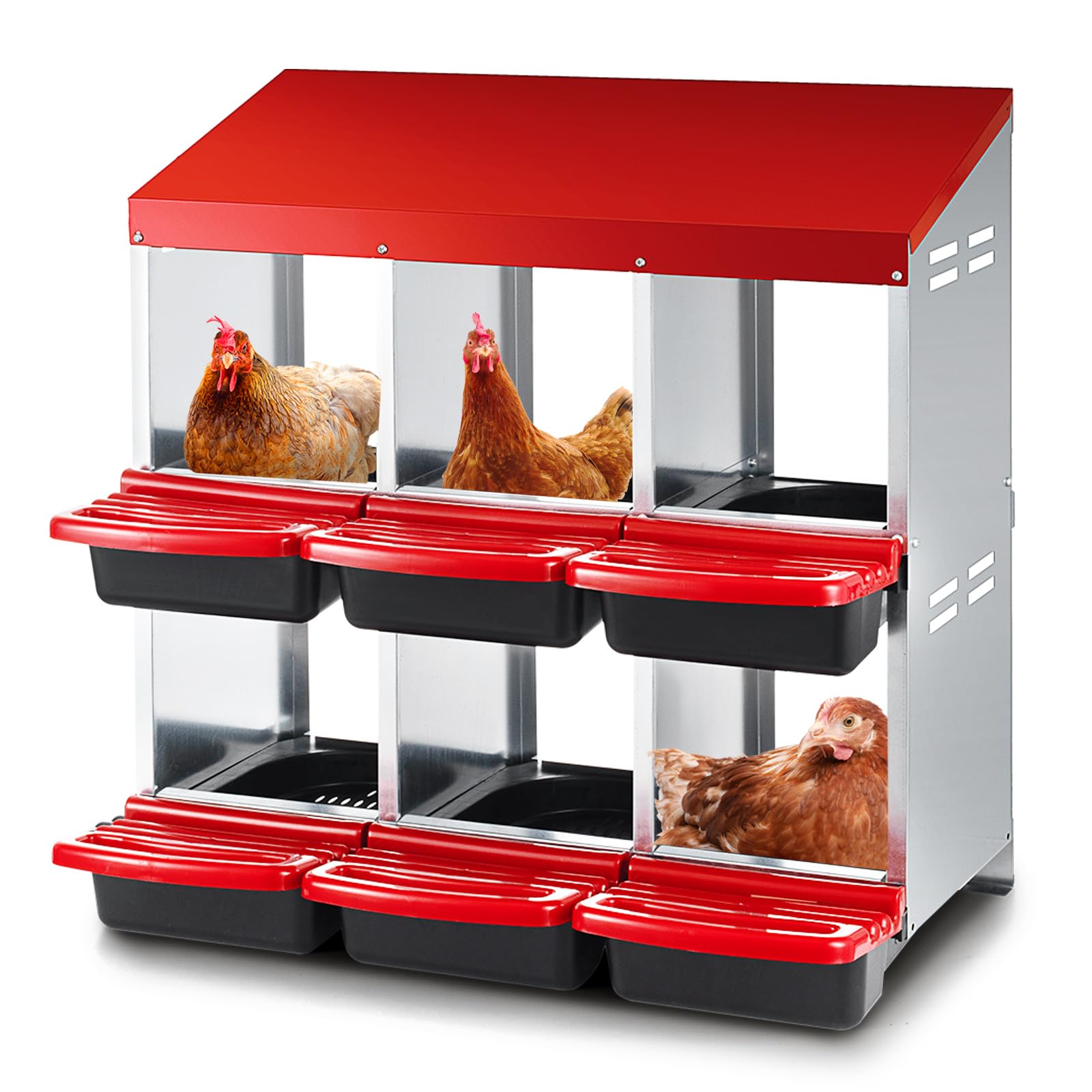 Chicken Nesting Box 2-Tier Galvanized Steel 6 Holes Nesting Boxes for Chickens Durable & Weather-Resistant Chicken Egg Laying Box Holds Up to 30 Hens with Removable Tray for Easy Cleaning