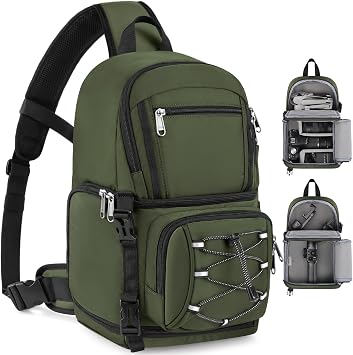 RAINSMORE Camera Bag, DSLR & Mirrorless Camera Sling Bag for Photographers Waterproof Small Camera Crossbody Case with Removable Padded Insert & Tripod Holder for Canon/Nikon/Sony/Fuji, Army Green