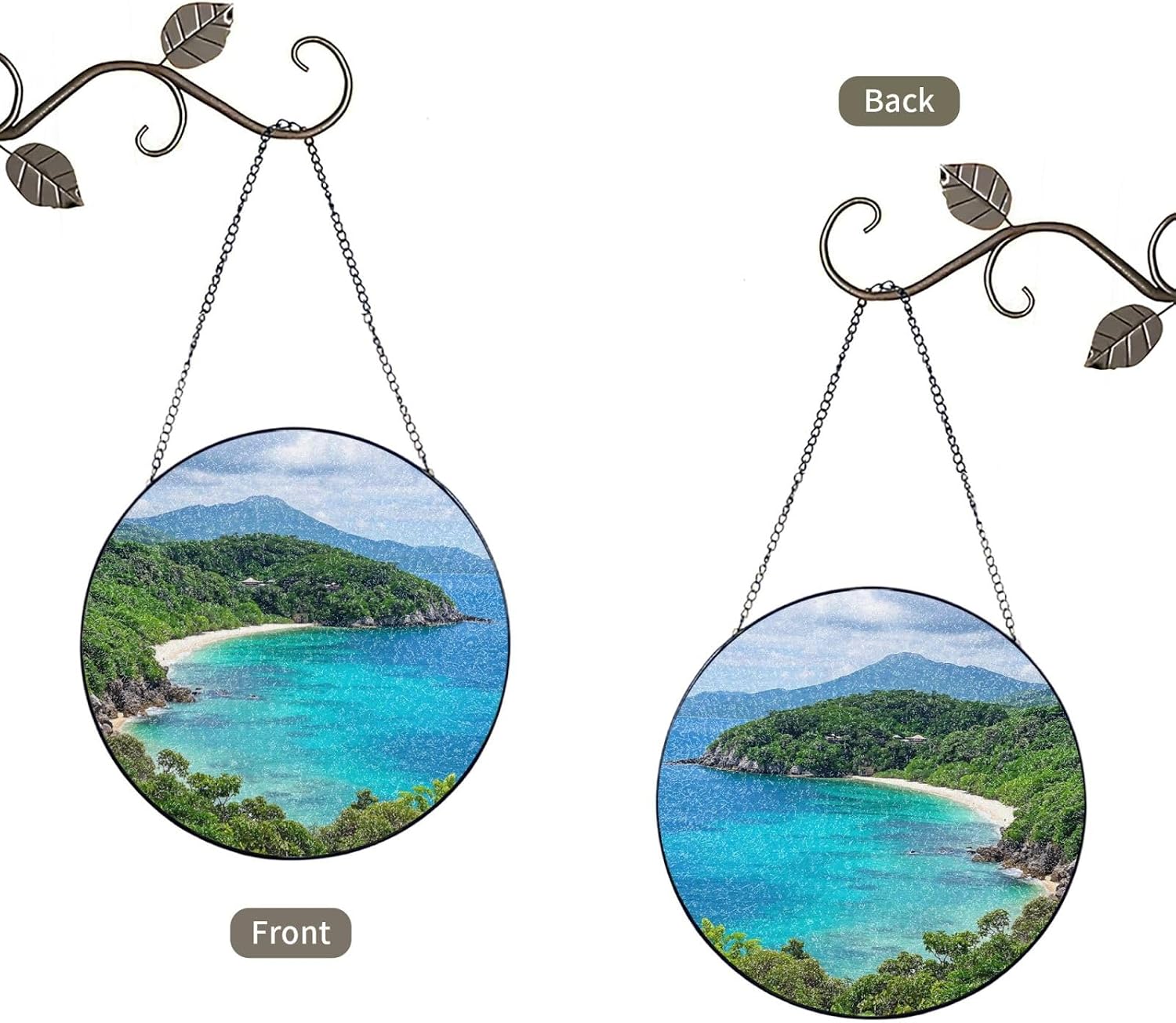 Stained Glass Window Hanging 12in Window Suncatcher Glass Panel with Metal Chain Asian Landscape Coral Green Blue Sun Catchers Wall Art Home Decor Gift for Women Mother's Day