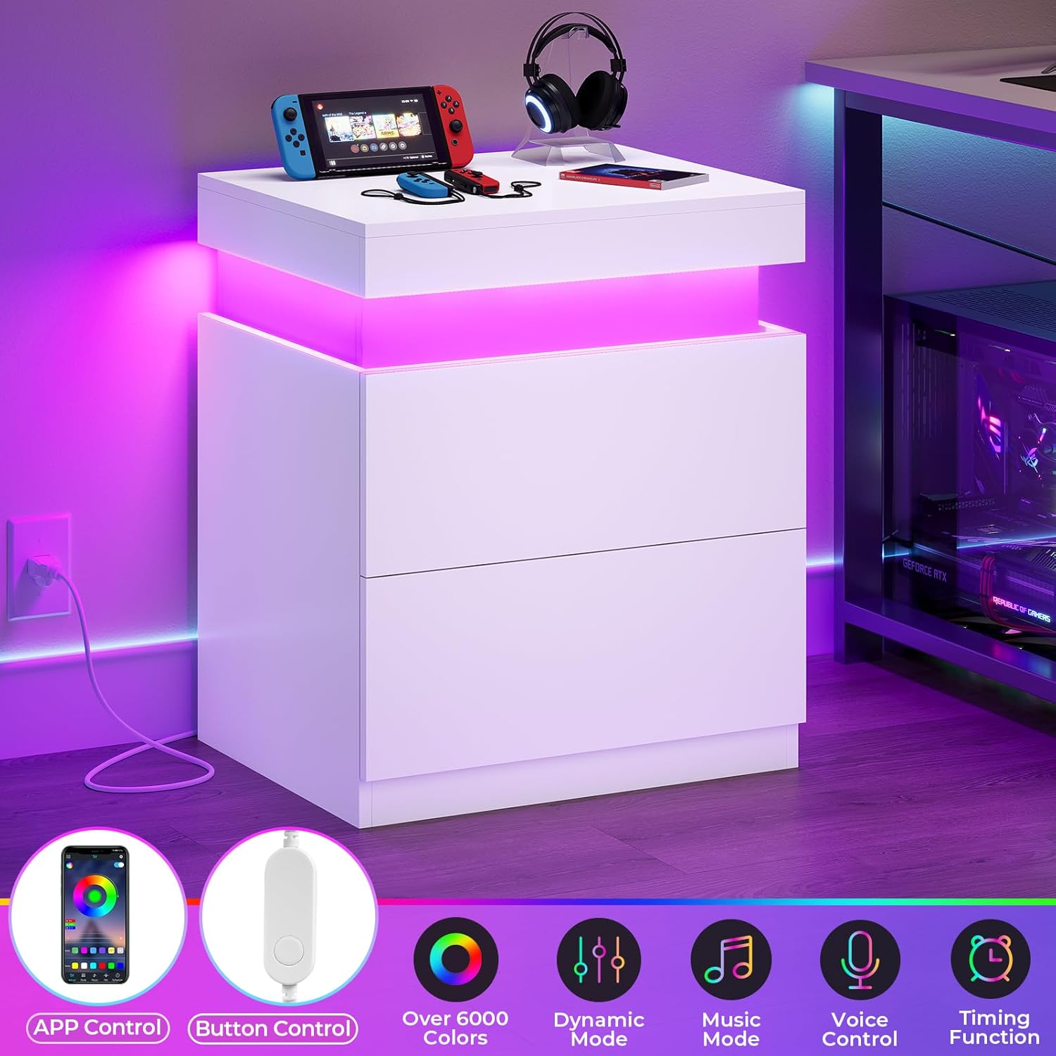 ADORNEVE White Nightstand with Charging Station and LED Lights,Night Stand with Sliding Top,Bedside Table with 2 Drawers,Modern End Side Table for Bedroom