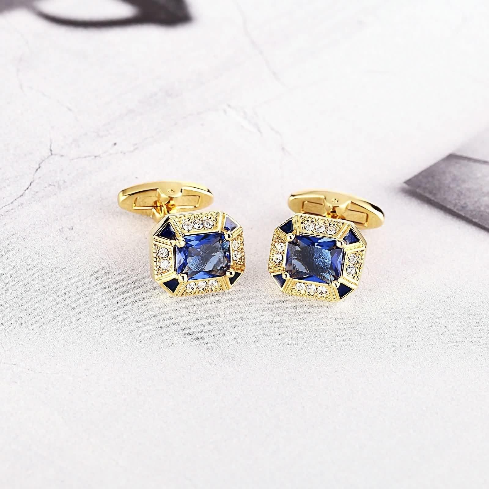 Set di gemelli da uomo, gemelli unici poligonali con zirconia cubica irregolare, in acciaio inox, per abito smoking, camicia, accessori gioielli oro blu, 1.4 x 1.7 cm, Zirconia cubica
