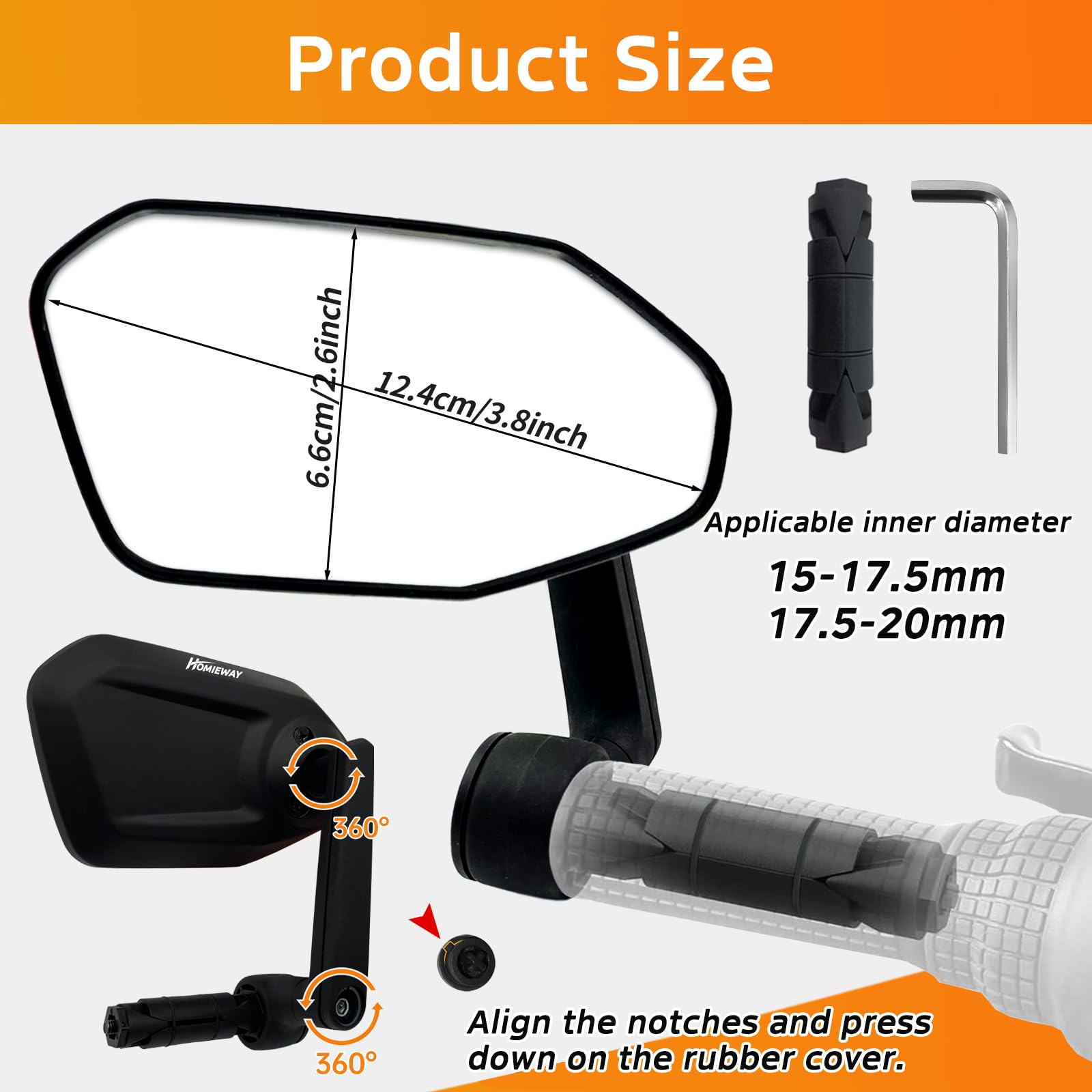 Bike Mirror,Adjustable Bicycle Mirror For Handlebar Mount,Scratch Resistant Glass Lens,Large Bar End Bike Rearview Mirror For E-bike Accessories (Left)