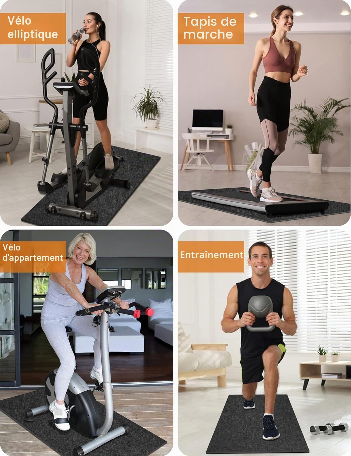 Tapis de protection de sol pour tapis de course, tapis de sol de gym, équipement d'exercice 152 cm × 76 cm × 6 mm d'épaisseur pour vélo d'appartement, vélo de spinning, banc de musculation, équipement