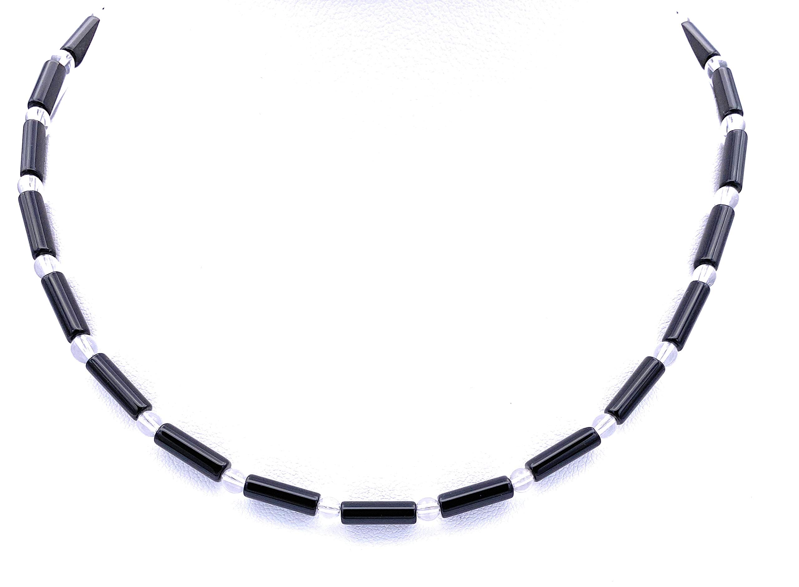 Onyx Halskette Onyx Walzen und Bergkristall Kugeln im Wechsel Verschluss 925er Sterling-Silber