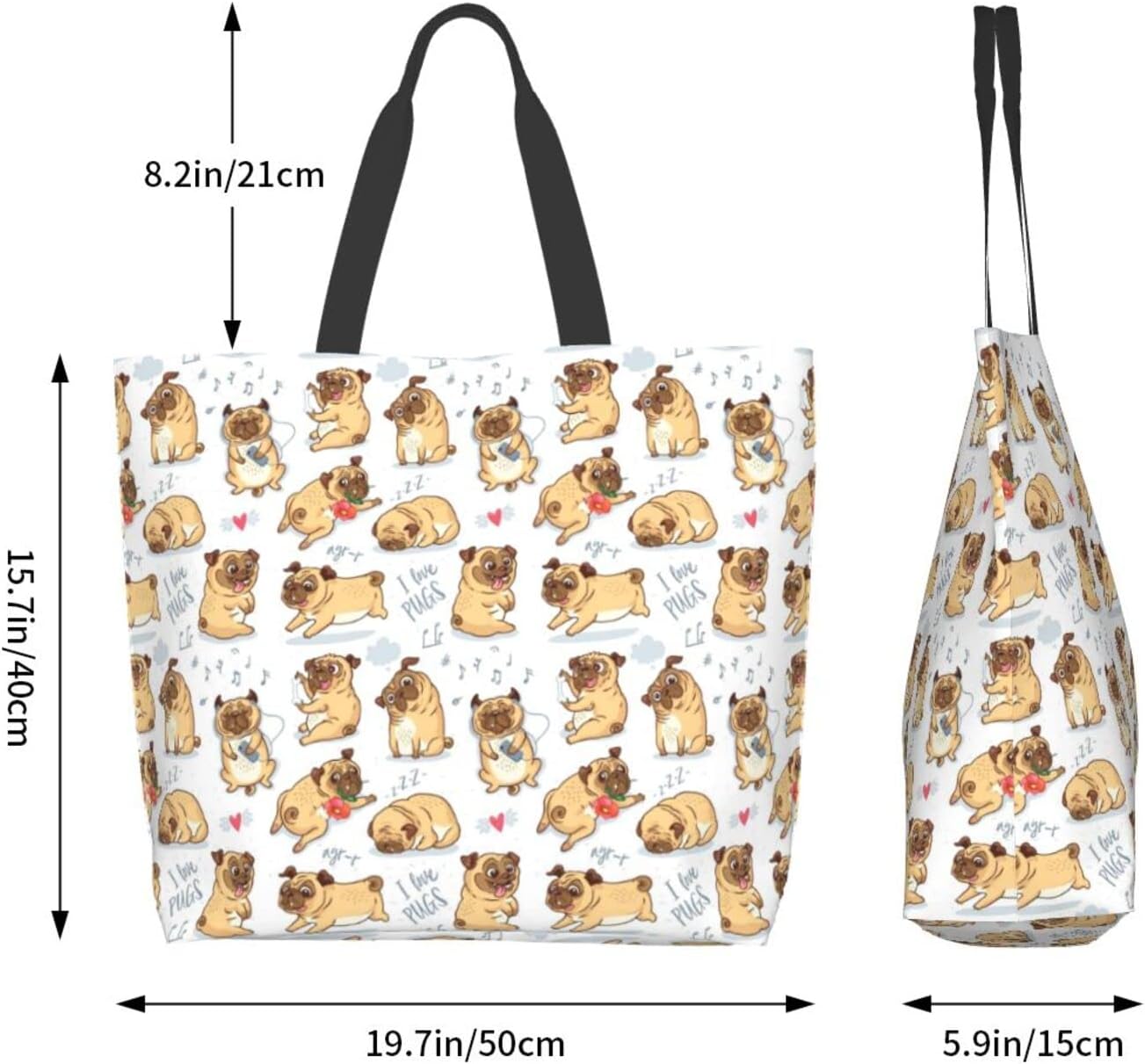 Tote Bag Beach Canvas Travel Reusable Grocery Shopping Bag Pug Gifts for Pug Lover