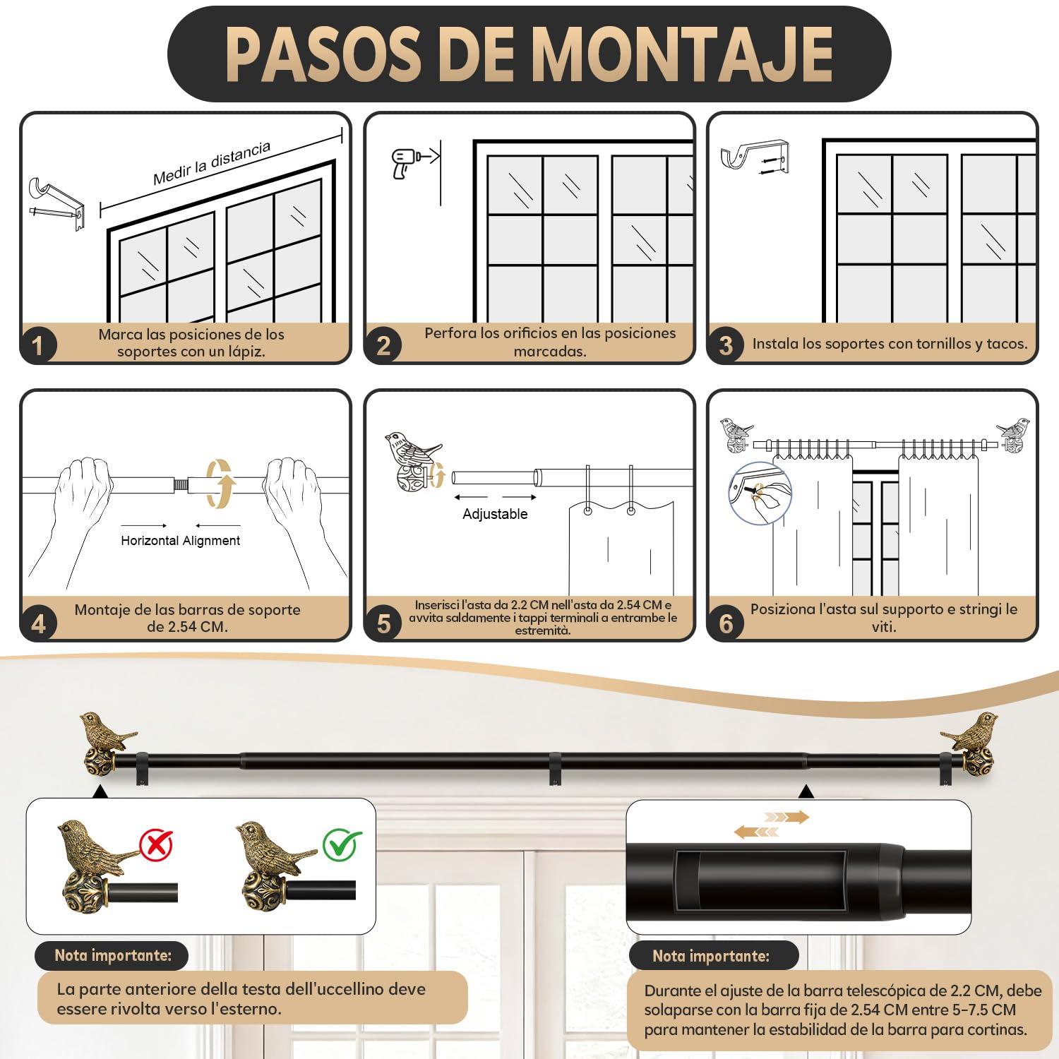 Tringle à Rideau Noir 80-365cm,Embouts Décoratifs En Forme D'Oiseau | DiamèTre 25mm,Extensible MéTal Renforcé,Fixation Murale,Avec Supports,Adapté Pour IntéRieure,Salon,Chambre Et FenêTres.