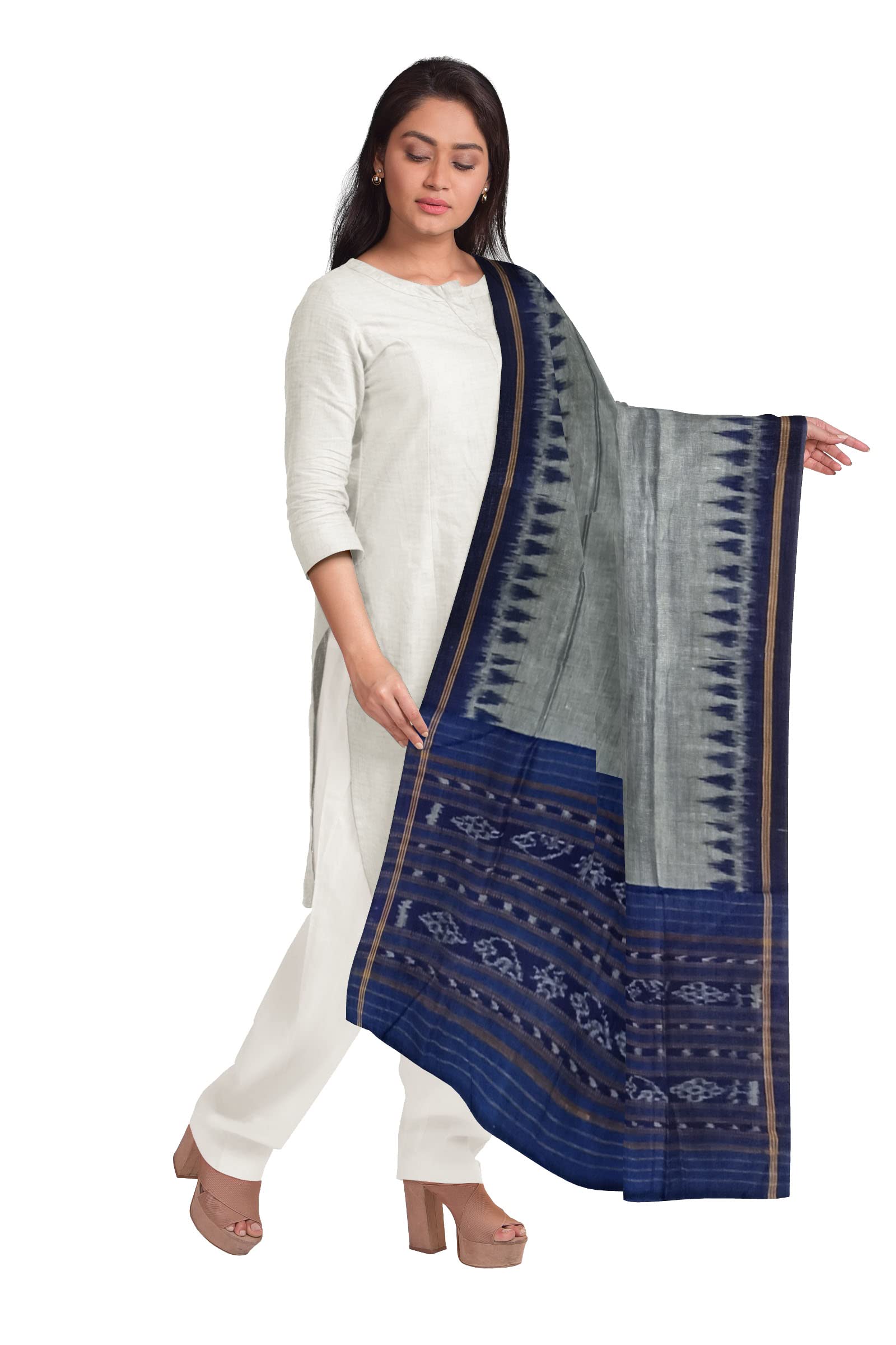 pritisree Women's Solid Sambalpuri Cotton Dupatta with weaving and Ikat woven border from the Weavers of Odisha Temple Border & Ikkat Ladies Girls & Women -96-picture-12