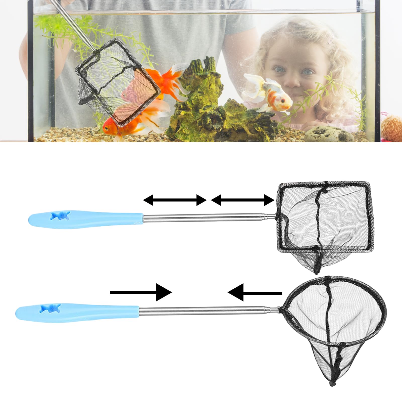WIYETY Red de pesca para acuarios, 2 unidades, con mango telescópico, red de pesca para acuarios, cuadrada y redonda, extensible 23-53 cm, red de pesca para peces pequeños y gambas