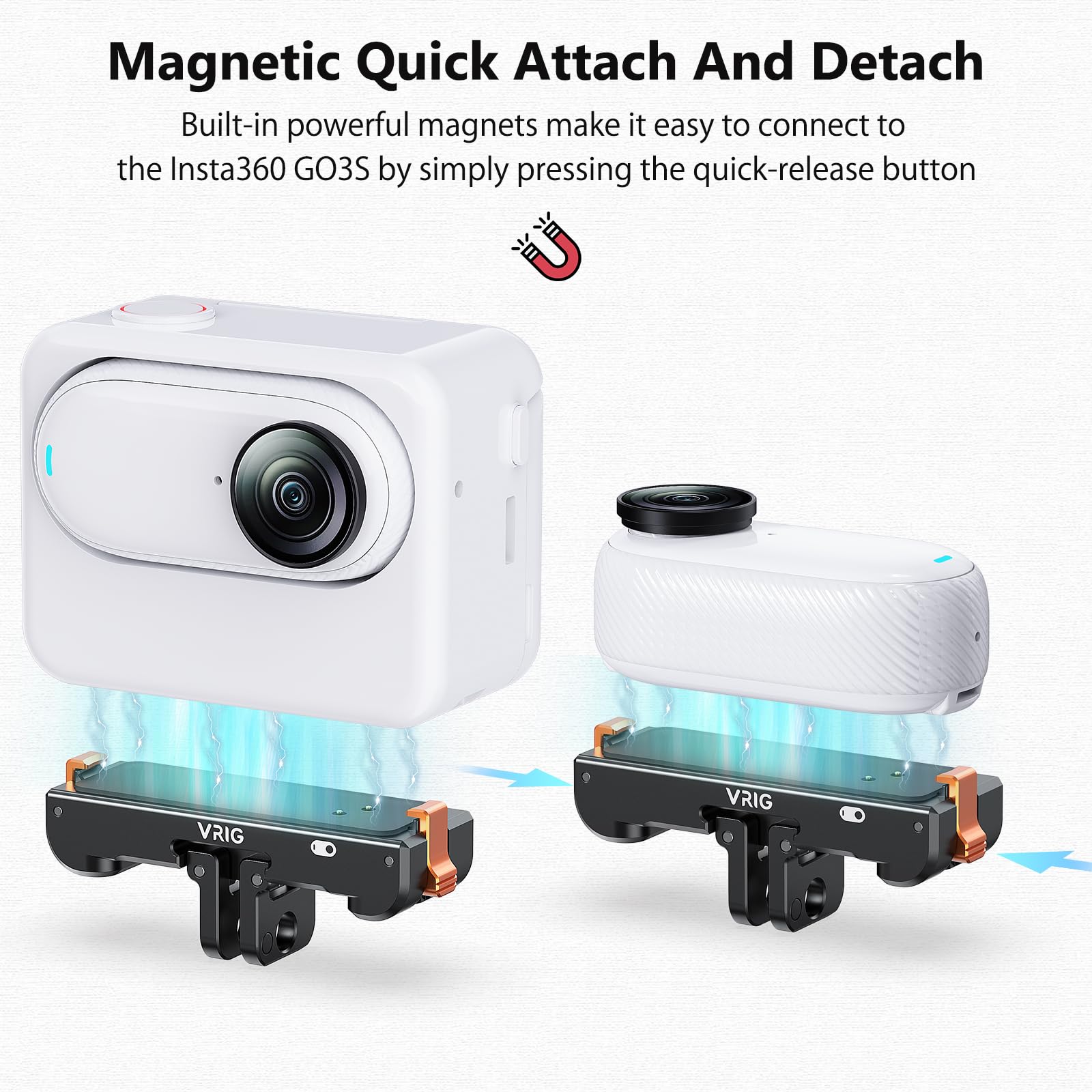 VRIG AC-39 - Supporto magnetico a sgancio rapido per Insta 360 GO 3/GO 3S, adattatore action camera con porta di ricarica, filettatura da 1/4" e supporto a 2 punte, per treppiedi e bastoncini per