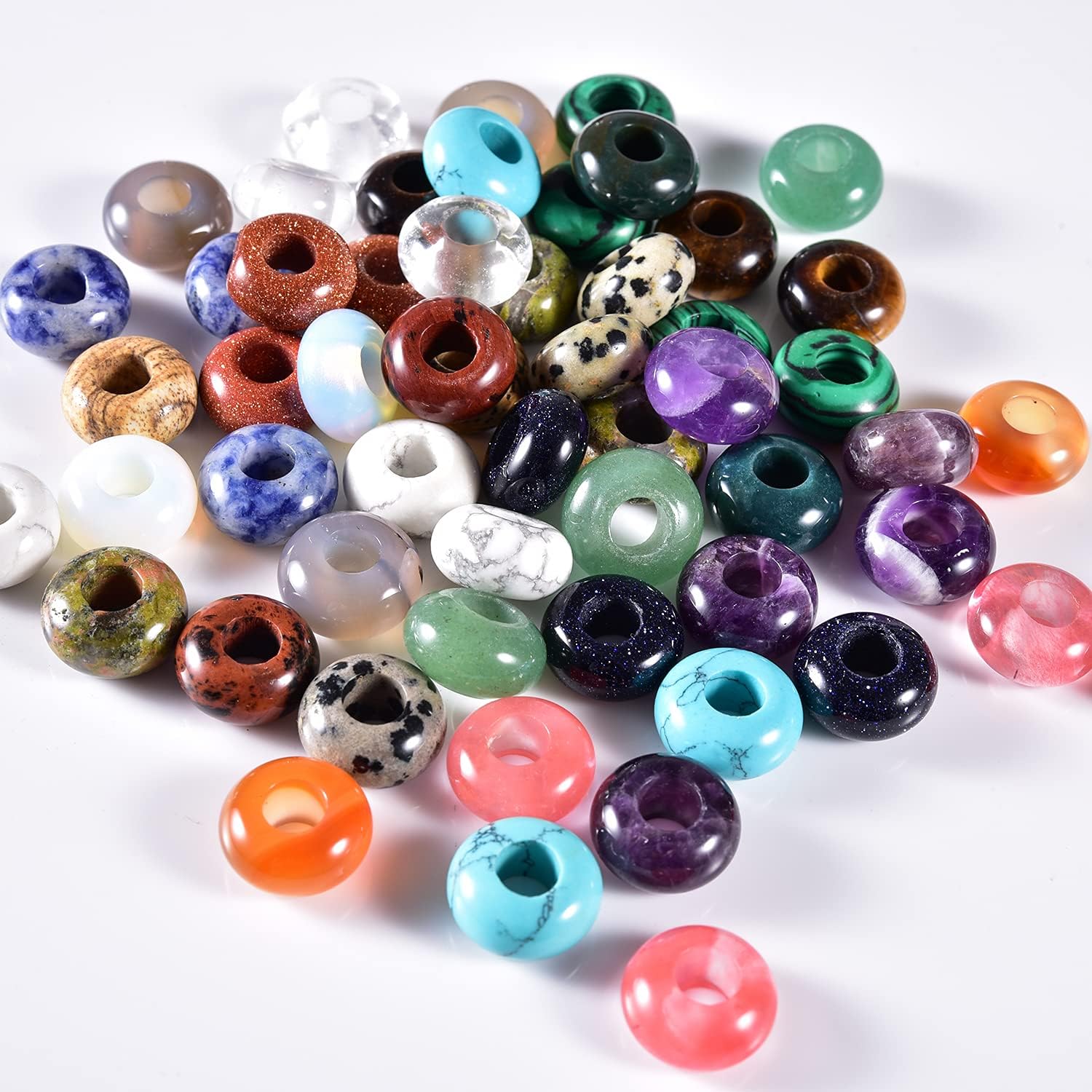 Natural Stone Beads Large Hole (5-6mm) Polished Rondelle European Gemstone Beads for Charm Bracelets Jewelry Making 8X14mm(Pack of 50,Mix)