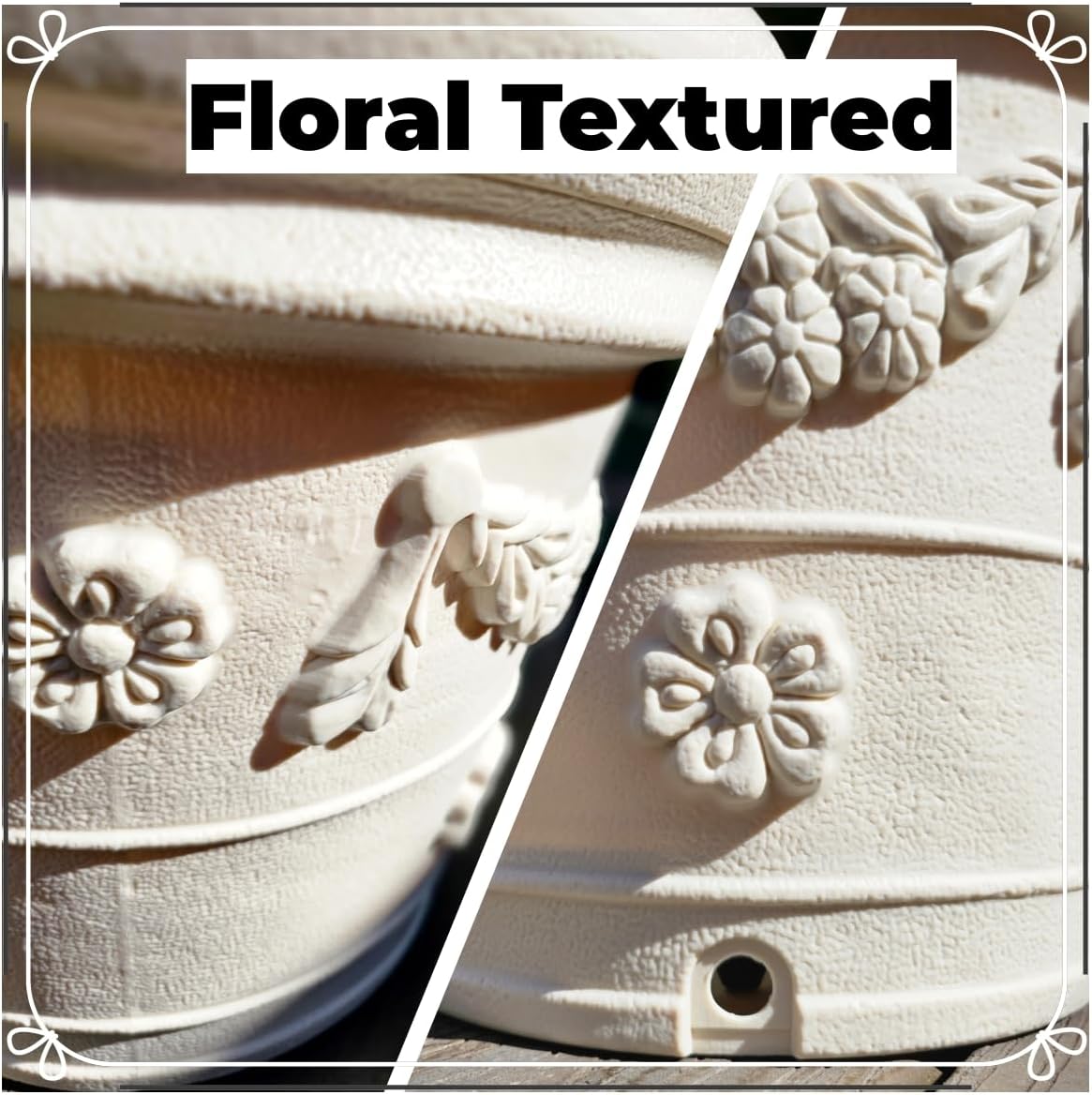 Leaf & Living Luxurious Planter Pots, 5 Gallon 16” Pot, Floral Textured Pattern, Durable Material, Flexible Drainage Design, Indoor & Outdoor Use, White Beige Elegance