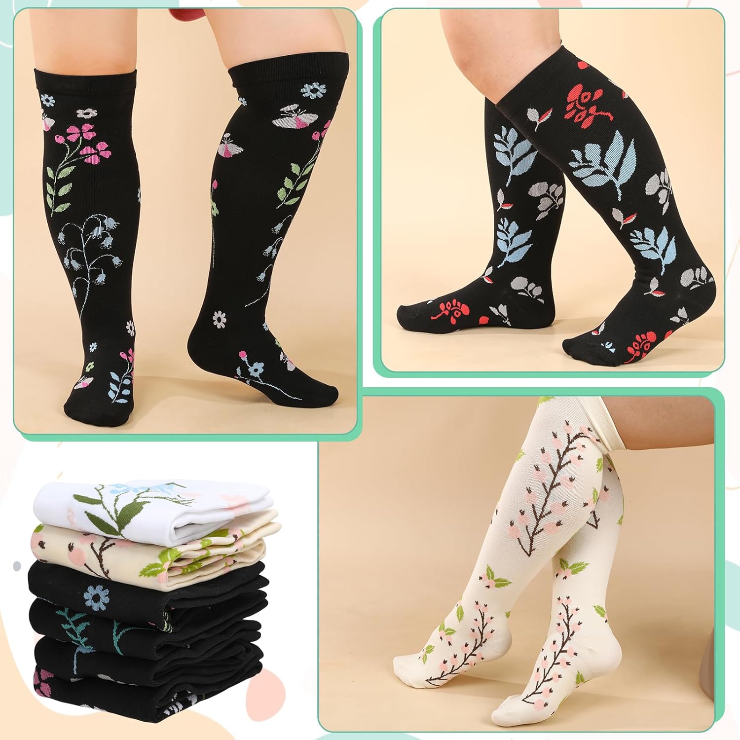 Jspupifip 6 Pairs Plus Size Compression Socks for Women Wide Calf Extra Large Knee High Support for Travel Yoga Running Circulation - Image 7