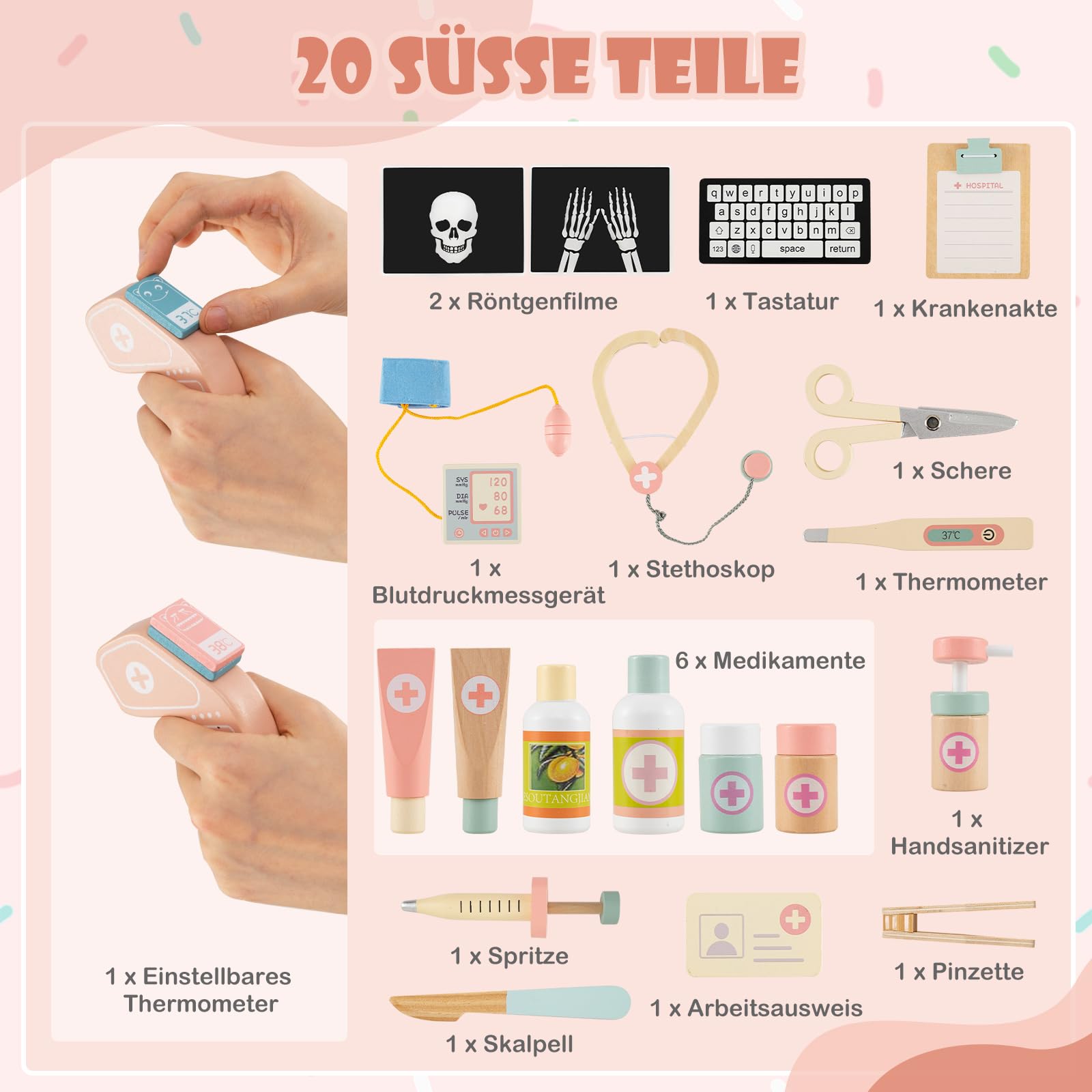 DREAMADE Arztspielset für Kinder, Krankenhaus aus Holz mit Sehtest, CT-Spielgerät & Röntgenapparat, Arzt Rollenspielzeug mit 20 Zubehörteilen für Kinder ab 3 Jahren (Rosa)