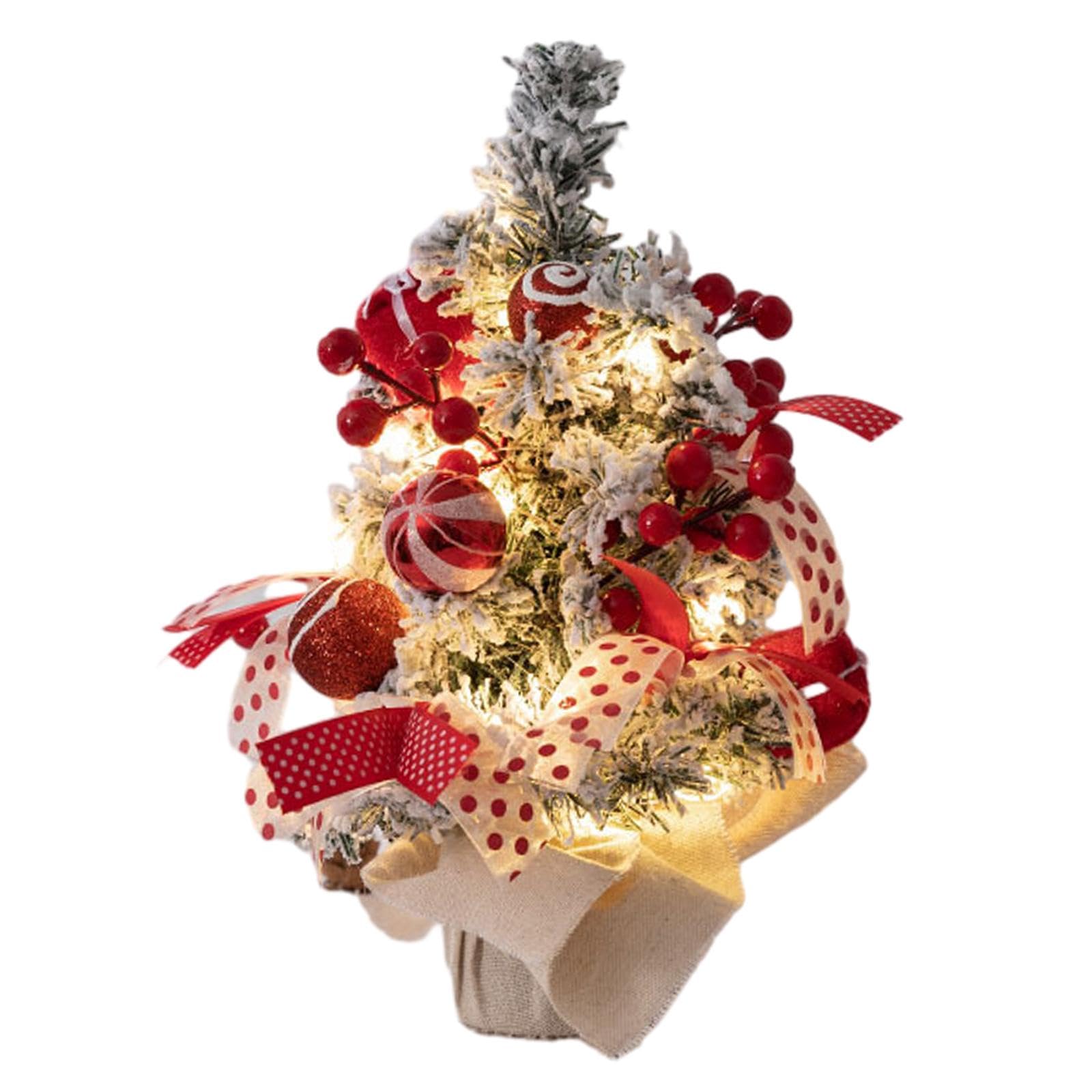 Oshhni Mini-Weihnachtsbaum mit LED-Lichtern, Tisch-Weihnachtsbaumschmuck für Zuhause, Büro, Zuhause, Küche, Esstisch-Dekoration, rot und weiß 30cm
