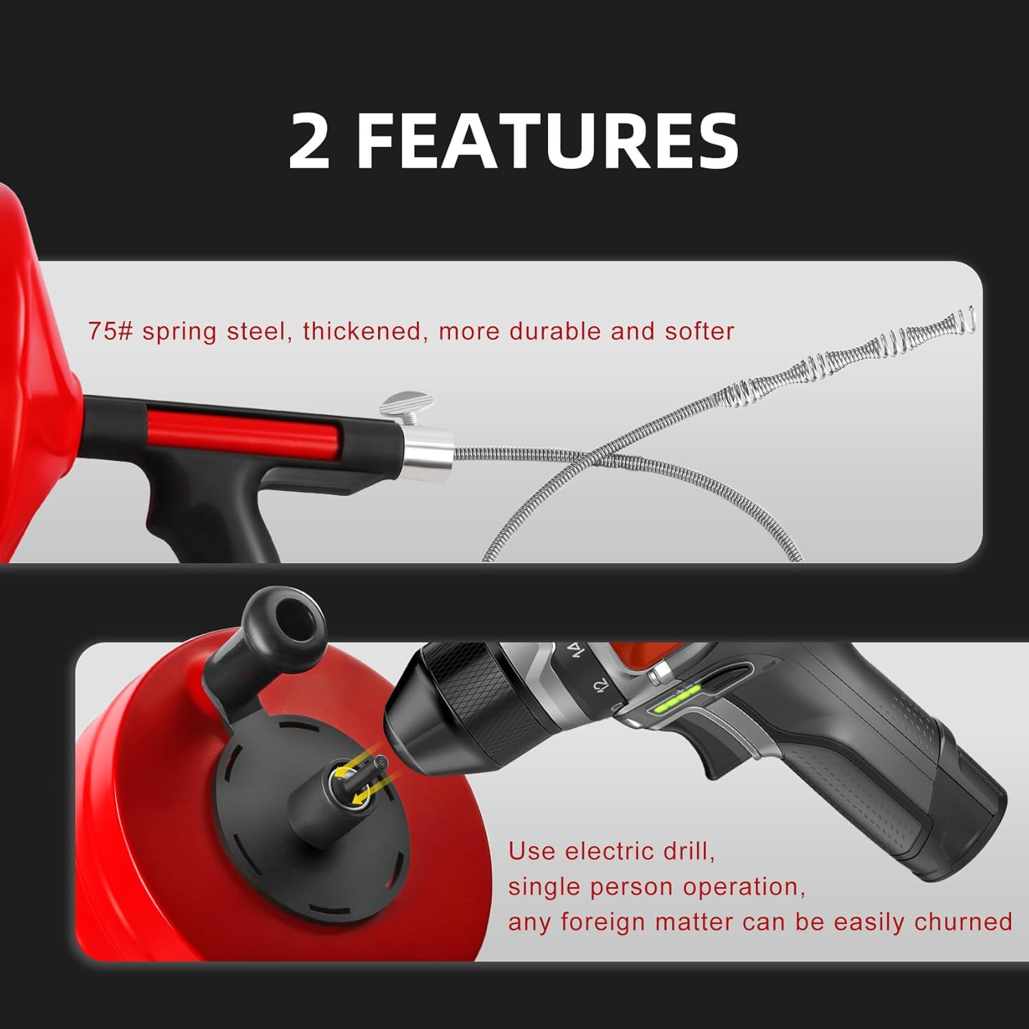 Drain Snake Auger, 50 Feet Flexible Plumbing Snake with 1/4" Drill Adapter, Manual or Drill Powered Drain Cleaner for Kitchen Sink, Bathroom & Shower Drains, Includes Gloves Storage Bag, Orange