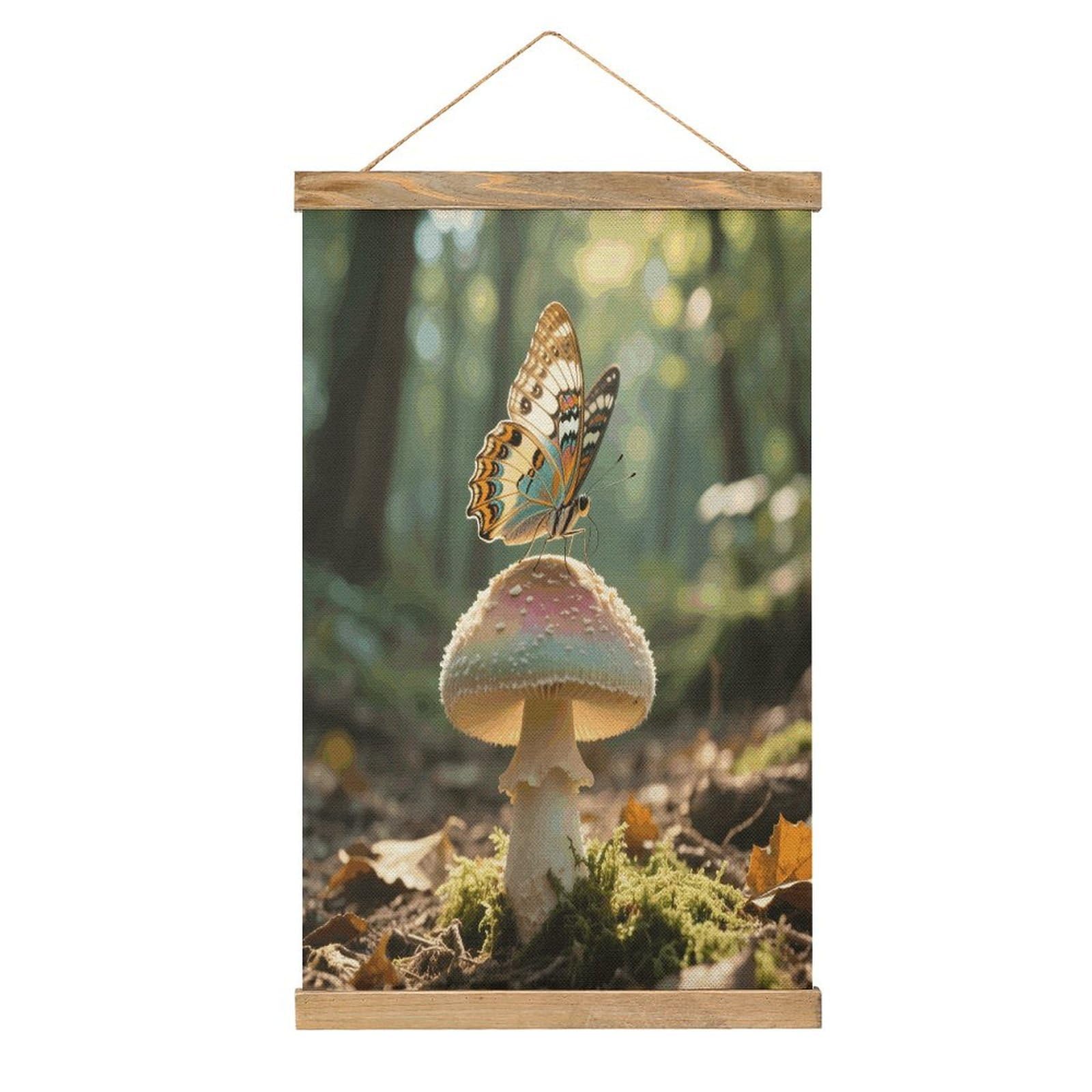 VstaDank Butterfly Mushroom Linen Hanging Painting Vintage Canvas Wall Art Poster Reading Nook Corner Decor Retro Wall Decor Prints for Library Reading Room Home 13.2 X 20.47 Inch