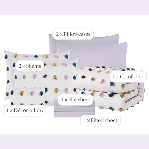 Miniatura 59 de Geniospin Juego de edredón rosa Queen para niñas, 7 piezas con pompones en una bolsa, juegos de ropa de cama individual con sábanas, fundas