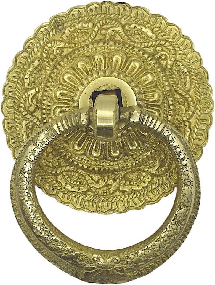 Jain Antiques Vintage Brass Carving Round Door Knocker Golden Finish 4inch