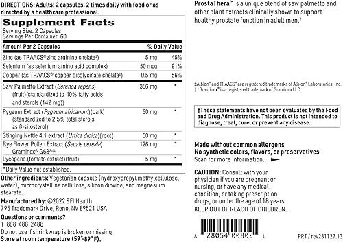 Miniatura 4 de Klaire Labs Prostathera - Soporte de próstata para hombres con palma enana americana, polen, ortiga, pigeo y minerales (120 tabletas)