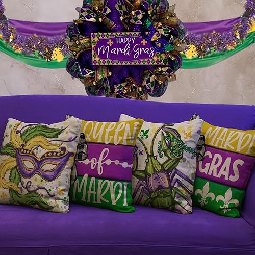 Miniatura 3 de GEEORY Juego de 4 fundas de almohada de Mardi Gras de 18 x 18 pulgadas, juego de 4 fundas de almohada a rayas de reina de Mardi Gras, fundas de