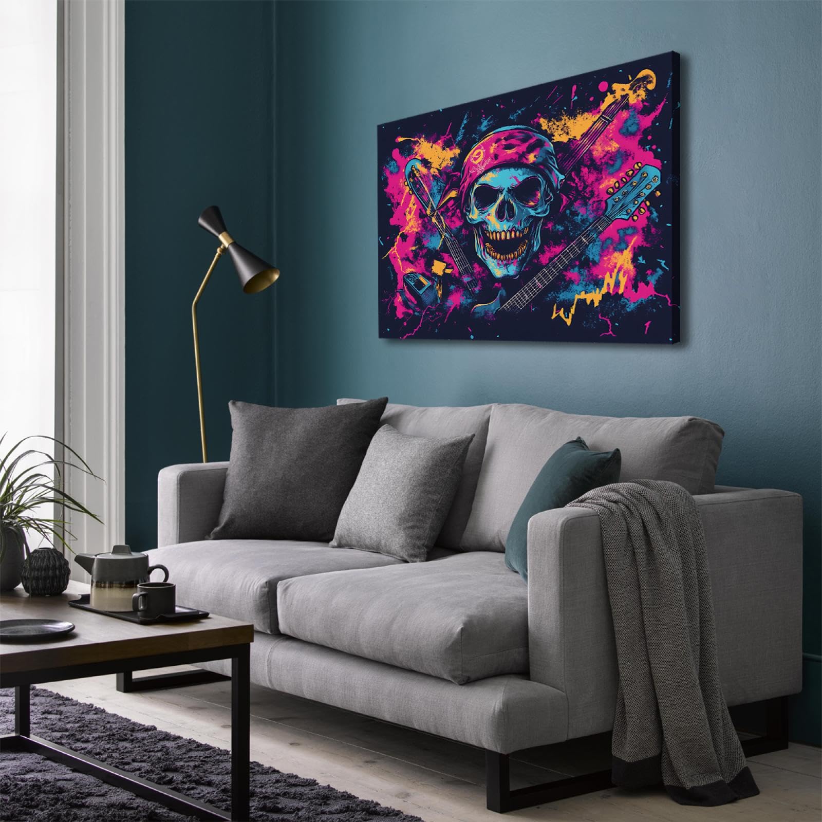 UIRINGART Impression sur toile de style hip hop Crâne psychédélique avec guitare Décoration murale pour salon Bar Halloween thème œuvres d’art affiches 80x110cm Cadre intérieur