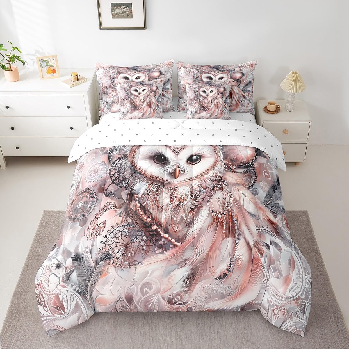 Erosebridal Wildlife Owl Full Comforter Set 7 Piece Boho Dreamcatcher Bedding Set Wild Animal Bed in A Bag with Sheets for Boys Girls Teen,Exotic Tribal Feather Sheet Set with Comforter