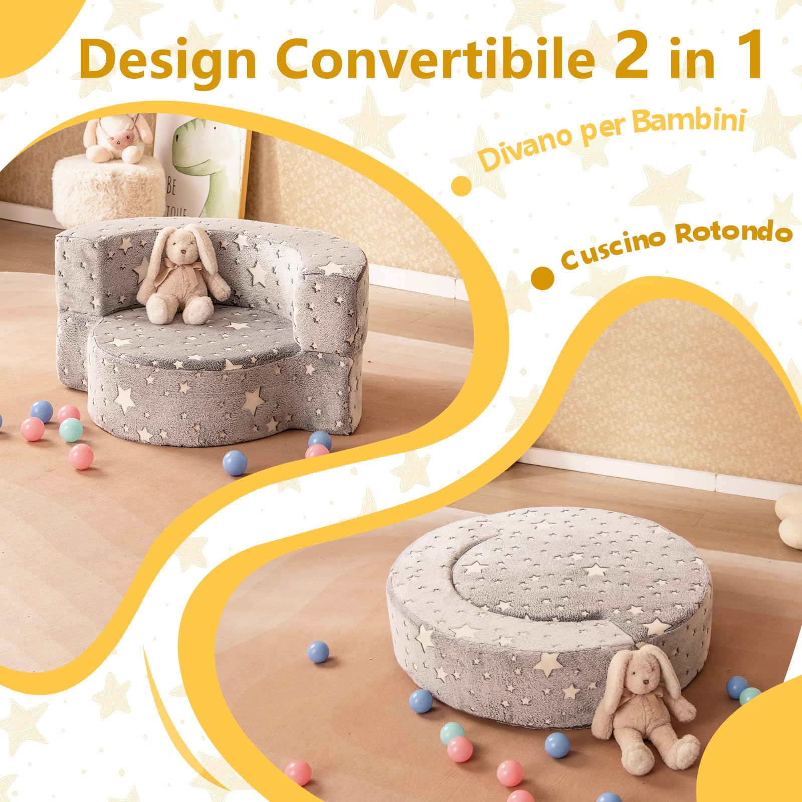 COSTWAY Divano in Schiuma Luminoso al Buio, Divano 2 in 1 per Bambini con Copertura Rimovibile e Lavabile, Poltrona per Bambini 3+ Anni per Cameretta e Soggiorno, 80 x 64 x 40 cm