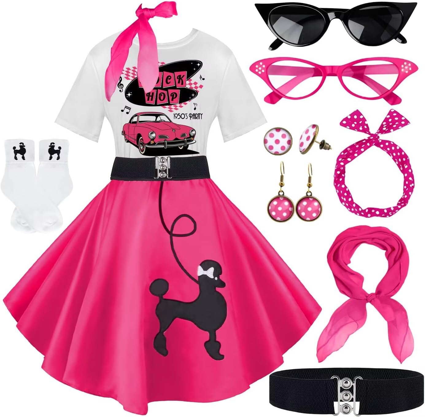 10Pcs Sock Hop Outfits Women, 1950s Poodle Skirts, Poodle T-Shirt with 50s Accessories Socks Scarf Headband Belt Earring