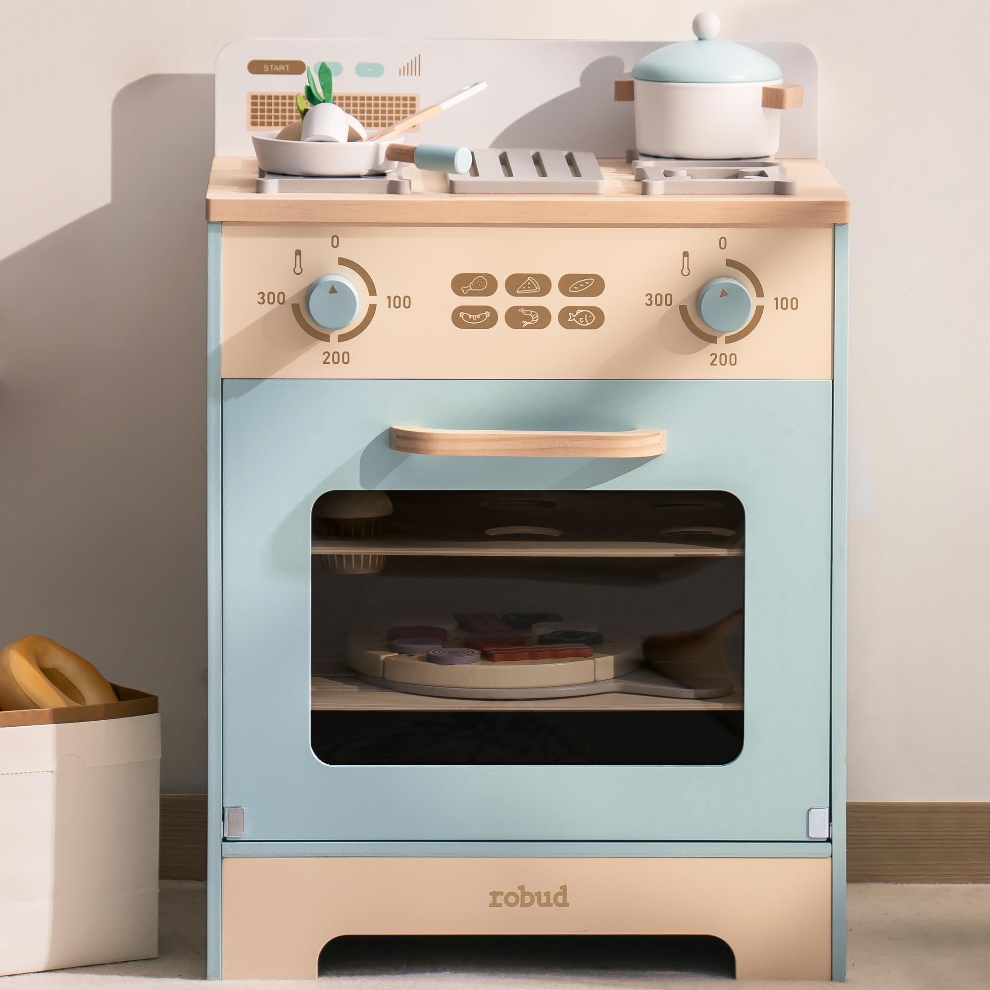 Wooden Kids Oven Toy with Cupcakes, Pizza & Kitchen Accessories