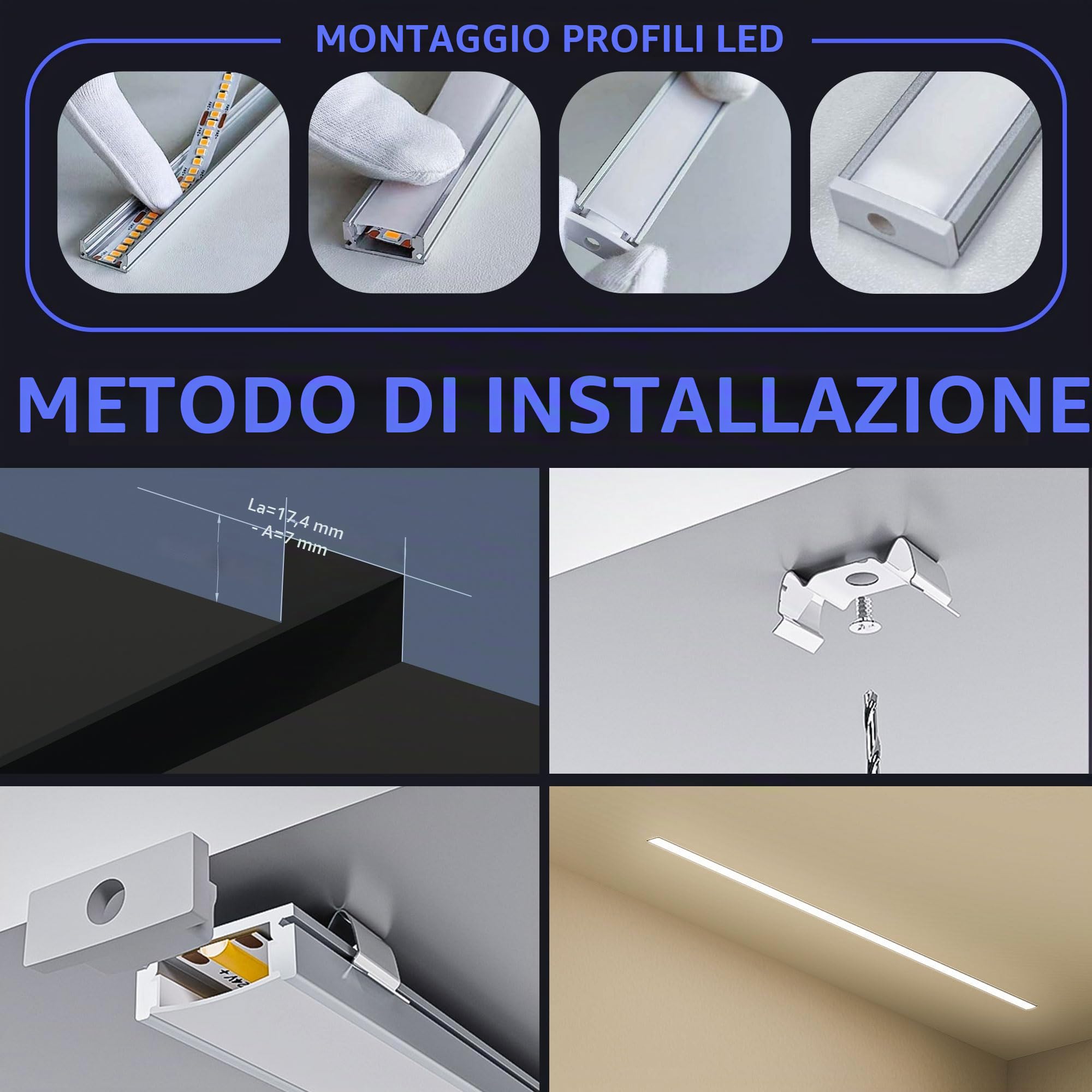 15 x Profili per Strisce LED da 2 m, Con coperchio in PC bianco latte, Profilo LED Dimensioni 17,4 mm x 7 mm, Supporta la larghezza massima della Striscia 12,4 mm SP26