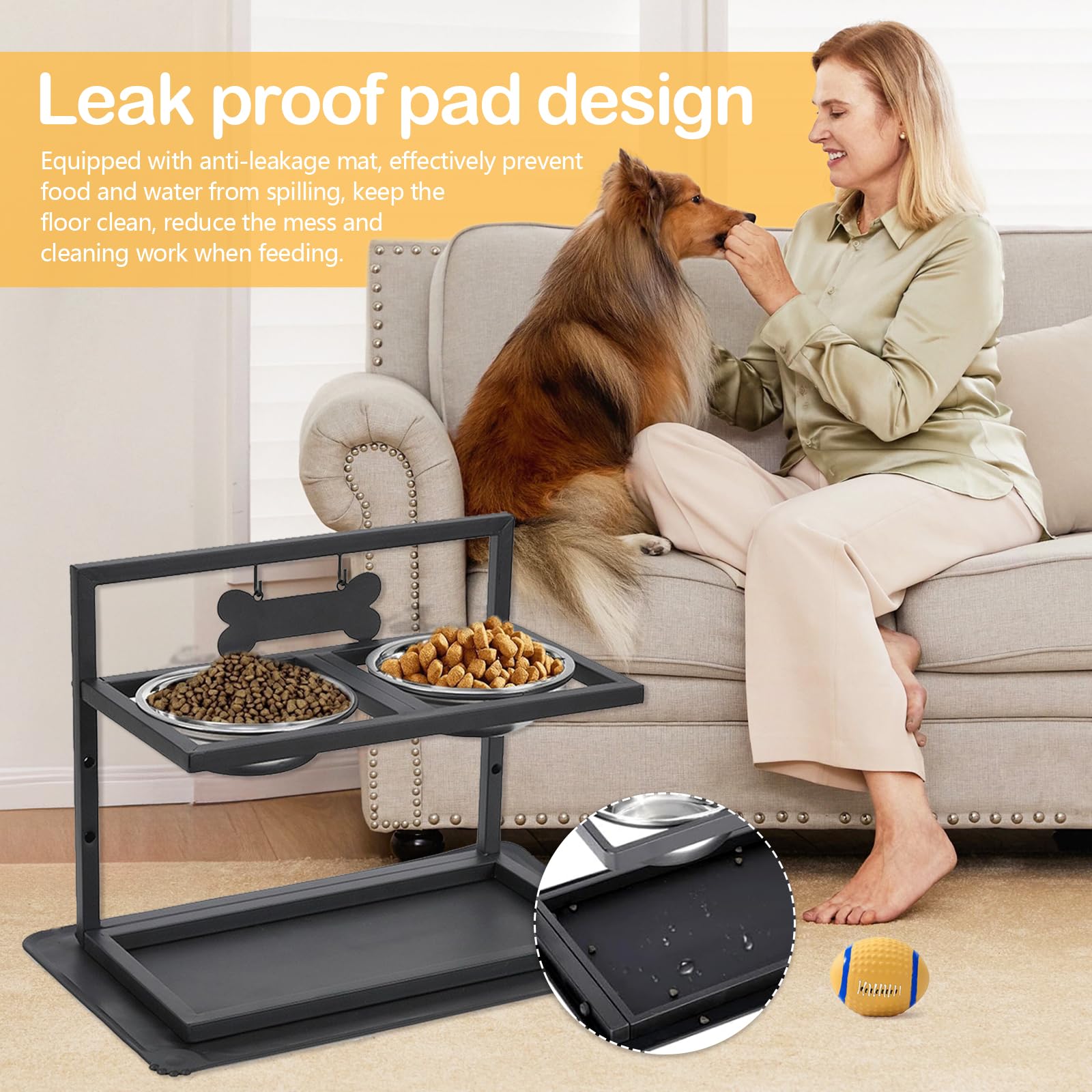 Comedero Elevado para Perros con 2 Cuencos De Acero Inoxidable Tapete Antifugas Altura Ajustable En 3 Niveles Color Negro 42 X 32 X 20,5 Cm