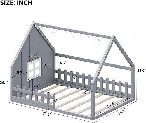 Miniatura 2 de Merax Cama de madera de tamaño completo con ventana y valla, marco de cama matrimonial para adolescentes, niños y niñas, gris