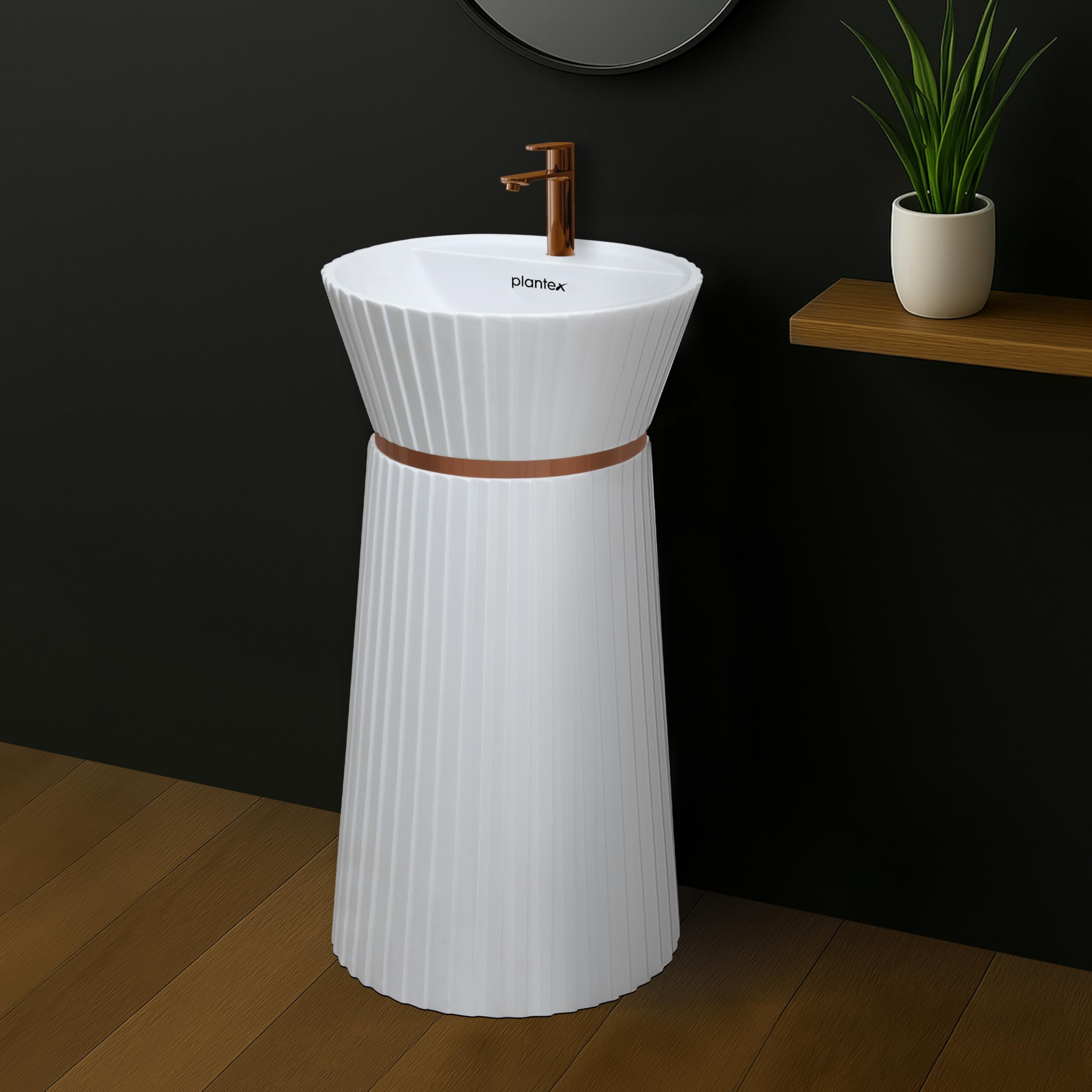 Plantex Ceramic Pedestal Basin for Bathroom/Designer One Piece Pedestal Free Standing Round Wash Basin for living Room/Hotel (White)