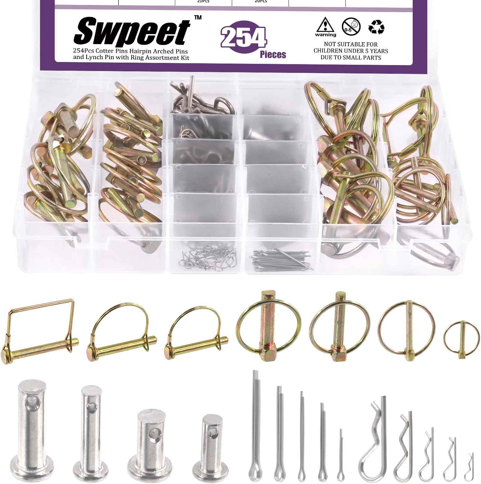 Swpeet 254Pcs Heavy Duty 6 Styles 1/4" 2/5”5/16" Hitch Linch Pin and PTO Pins with 304 Stainless Steel Cotter Pin Hair Pin and R Shape Clips Assortment Kit for Farm Tractors Trailers Pins