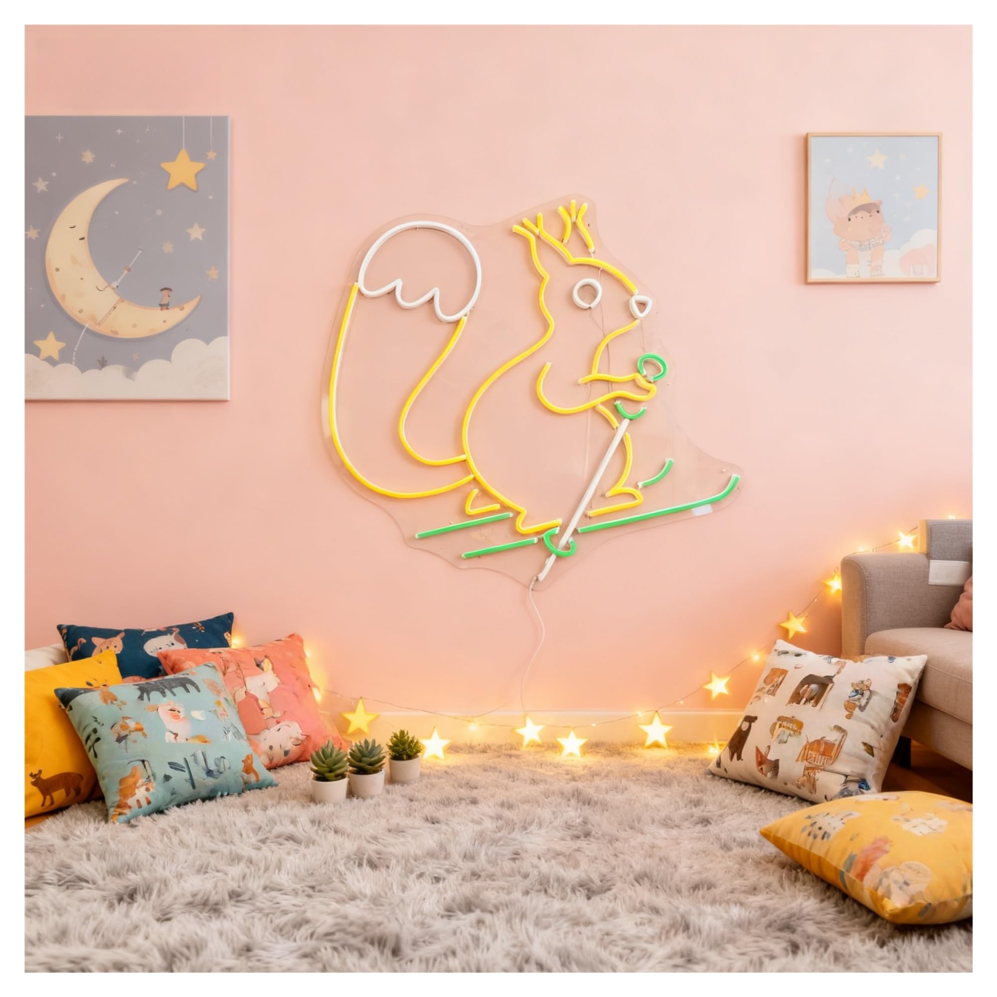 RONGCH Hanging Art Neon Signs Squirrel Skiing Neon Sign, Suitable for Kid Room Home Decor with Brightness Adjustable 50cm(B)