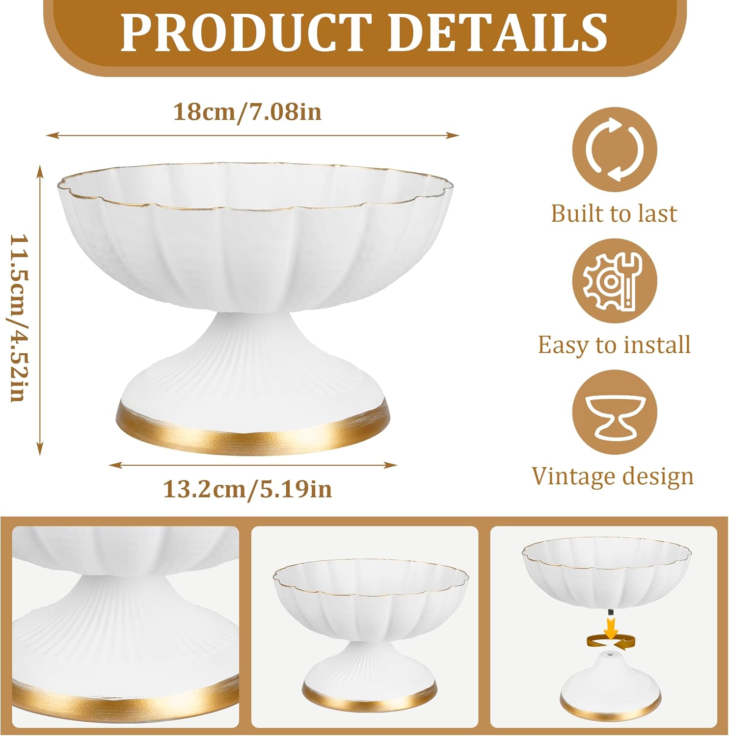 2 Pcs White Compote Bowl Vases for Centerpieces 7" Urn Vase, Small Metal Pedestal VaSe Pot, Flower Arrangement for Wedding Anniversary Party Home Decor