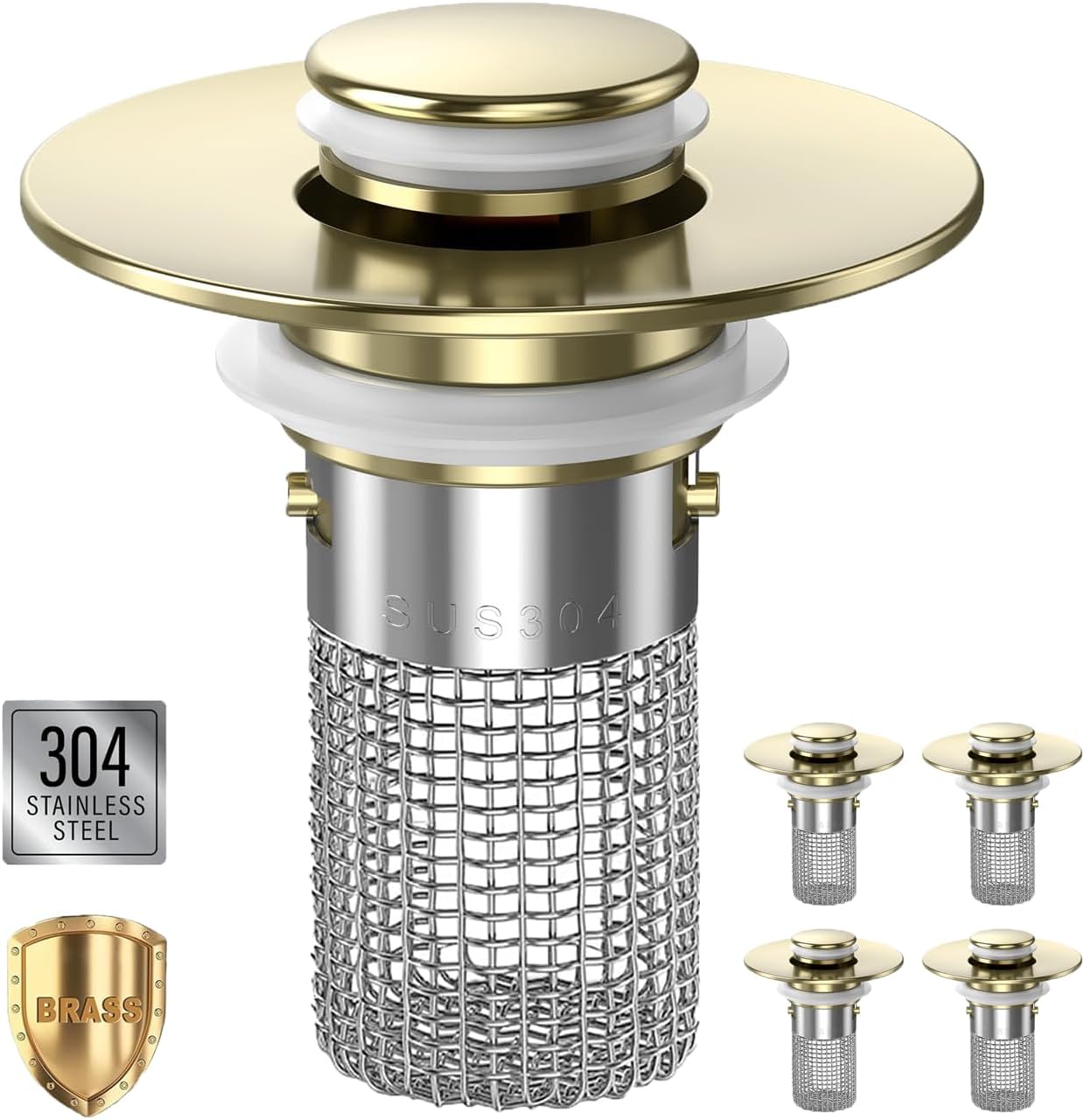 Sink Stopper Hair Catcher, Pop-up Sink Drain Strainer with Removable Stainless Steel Strainer Basket Hair Catcher, Bathroom Sink Strainer for Bathroom Sink Stopper Replacement (4, Brushed Gold)