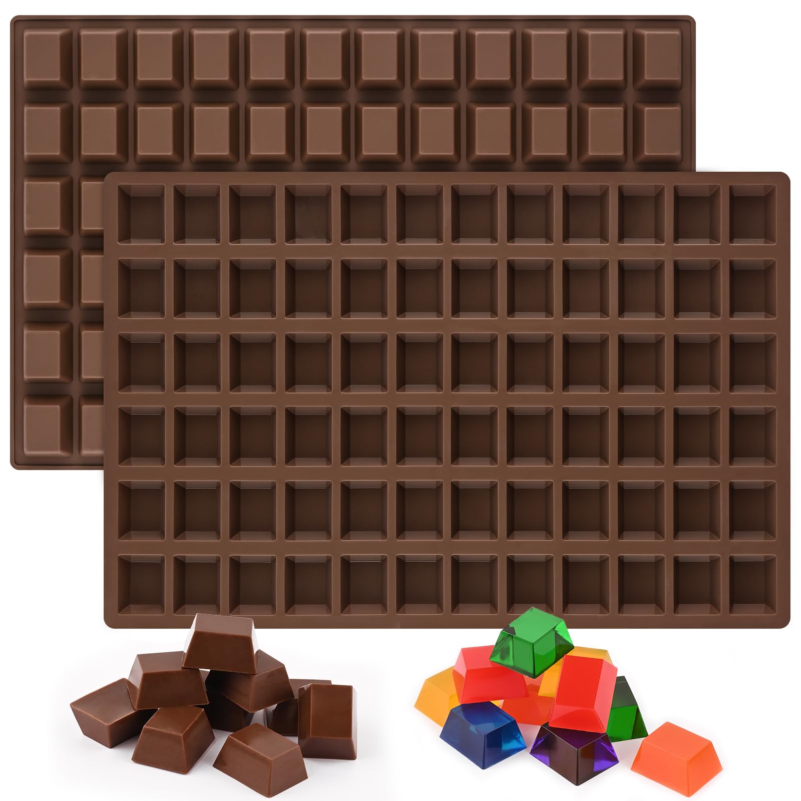 Sakolla 2 Pack Square Chocolate Molds, 72 Cavities Terrace Silicone Molds for Chocolate, Candy, Gummy, Jelly, Ganache, Ice Cubes (Brown)