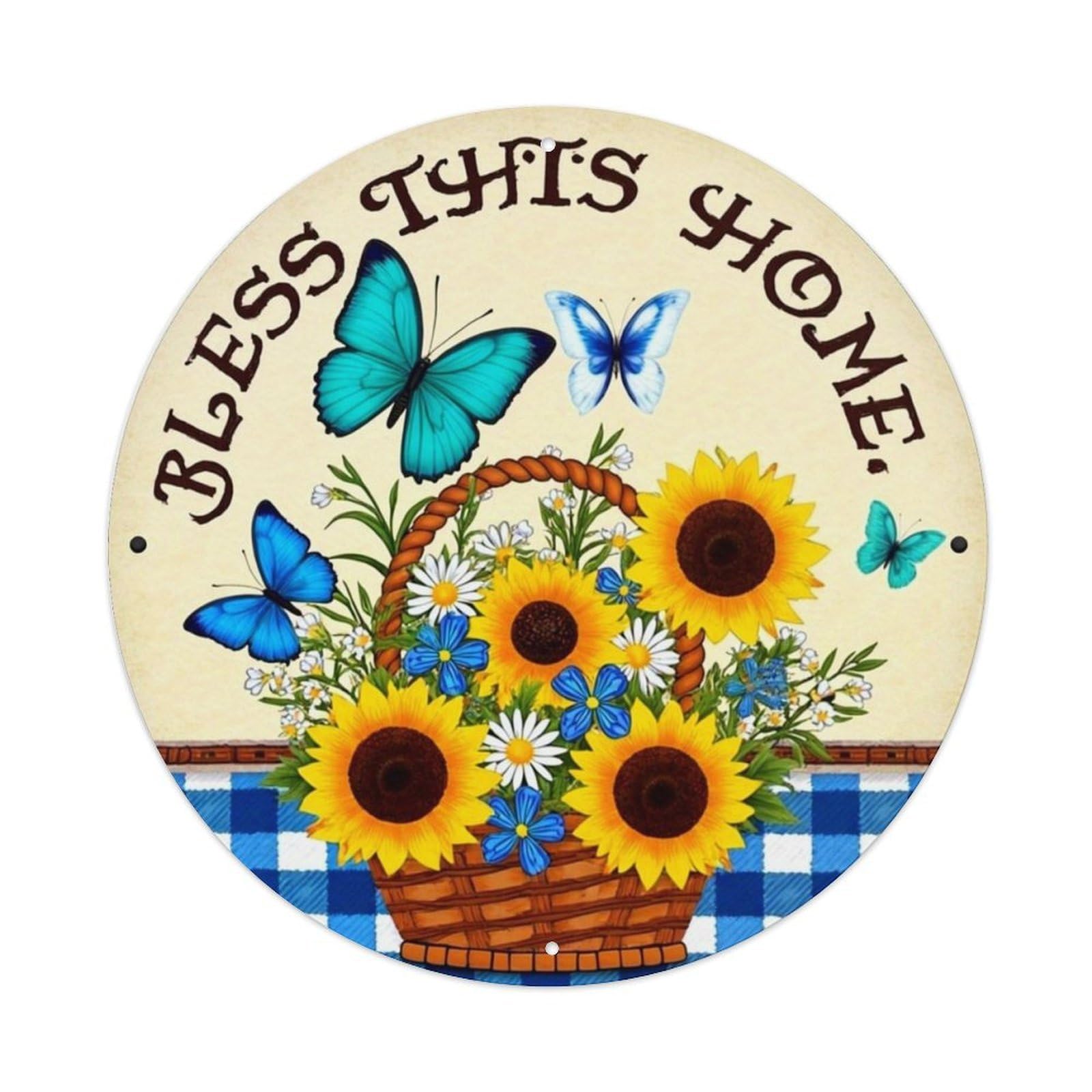 Sunflowers Butterflies Basket Flowers Home Tin Sign Metal Poster Vintage Metal Signs for Home Man Cave Bar Cafe Kitchen laundry room Wall Decorations Gift 8x8Inch