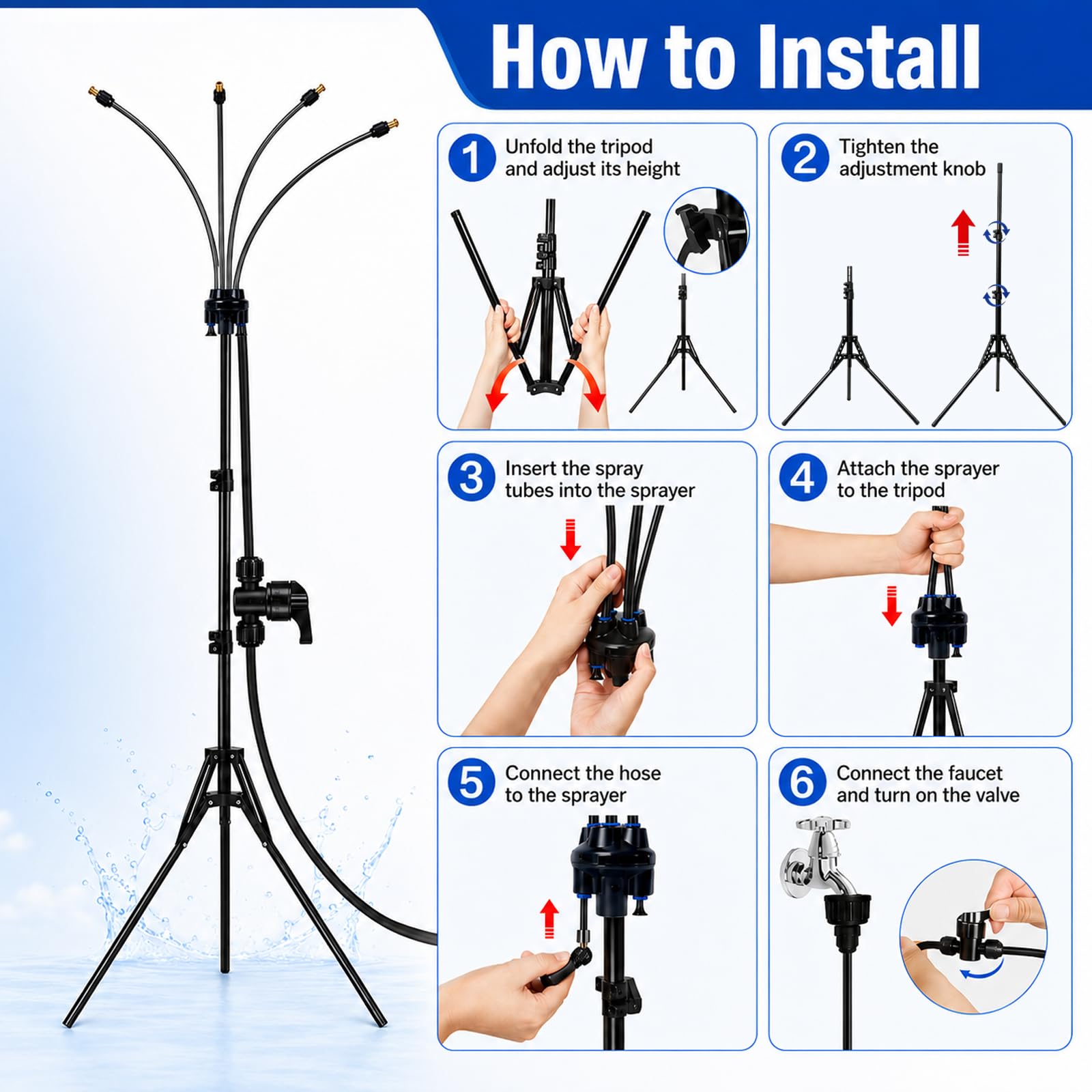 Brumisateur d'eau d'extérieur avec pied, nébuliseur portable pour refroidissement en plein air, avec tuyau de brumisation de 7,9 m et hauteur de 1,62 m, pour jardin, piscine, barbecue, irrigation et