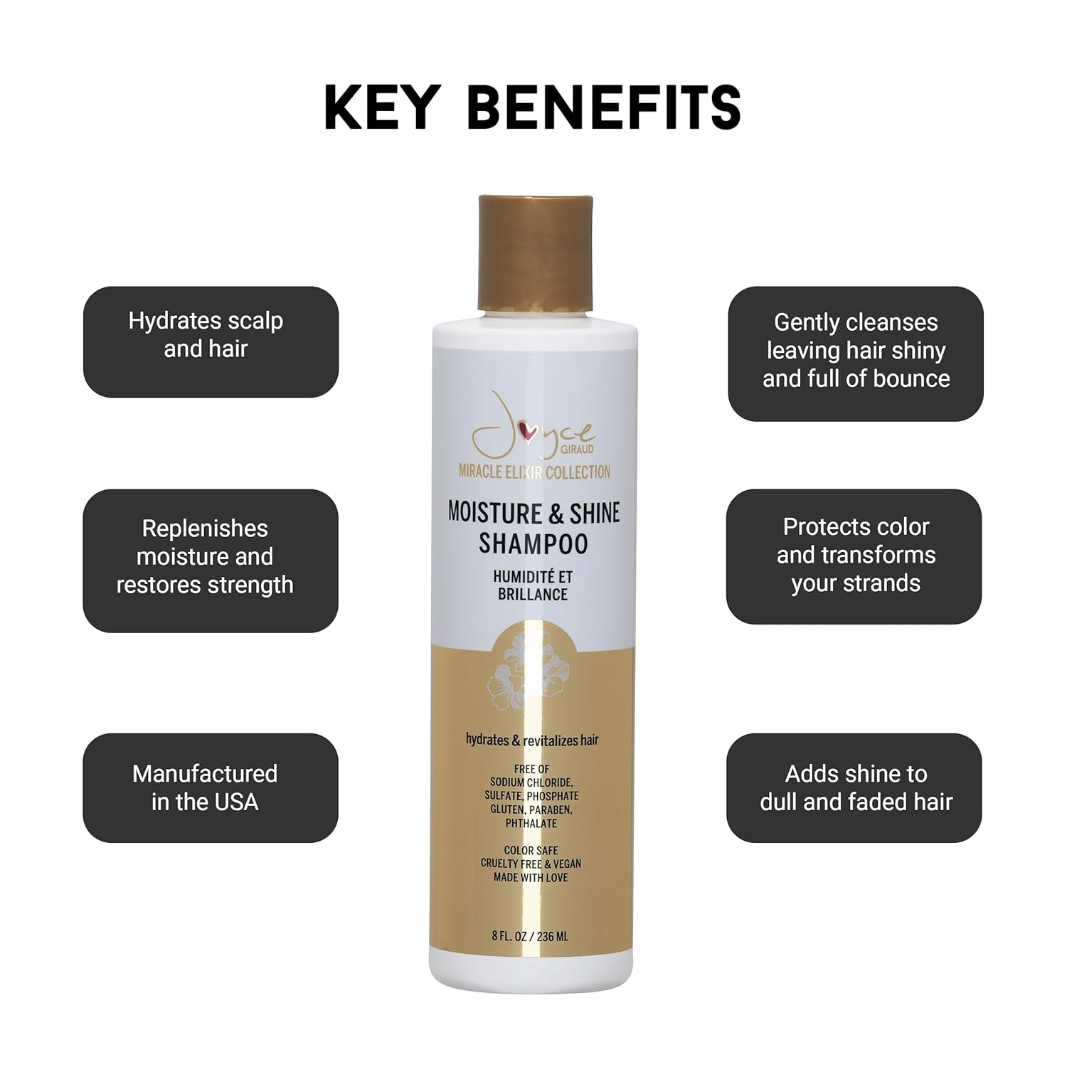 Joyce Giraud Miracle Elixir Moisture & Shine Shampoo, Hydrates & Protects Color, 8 Fl. Oz